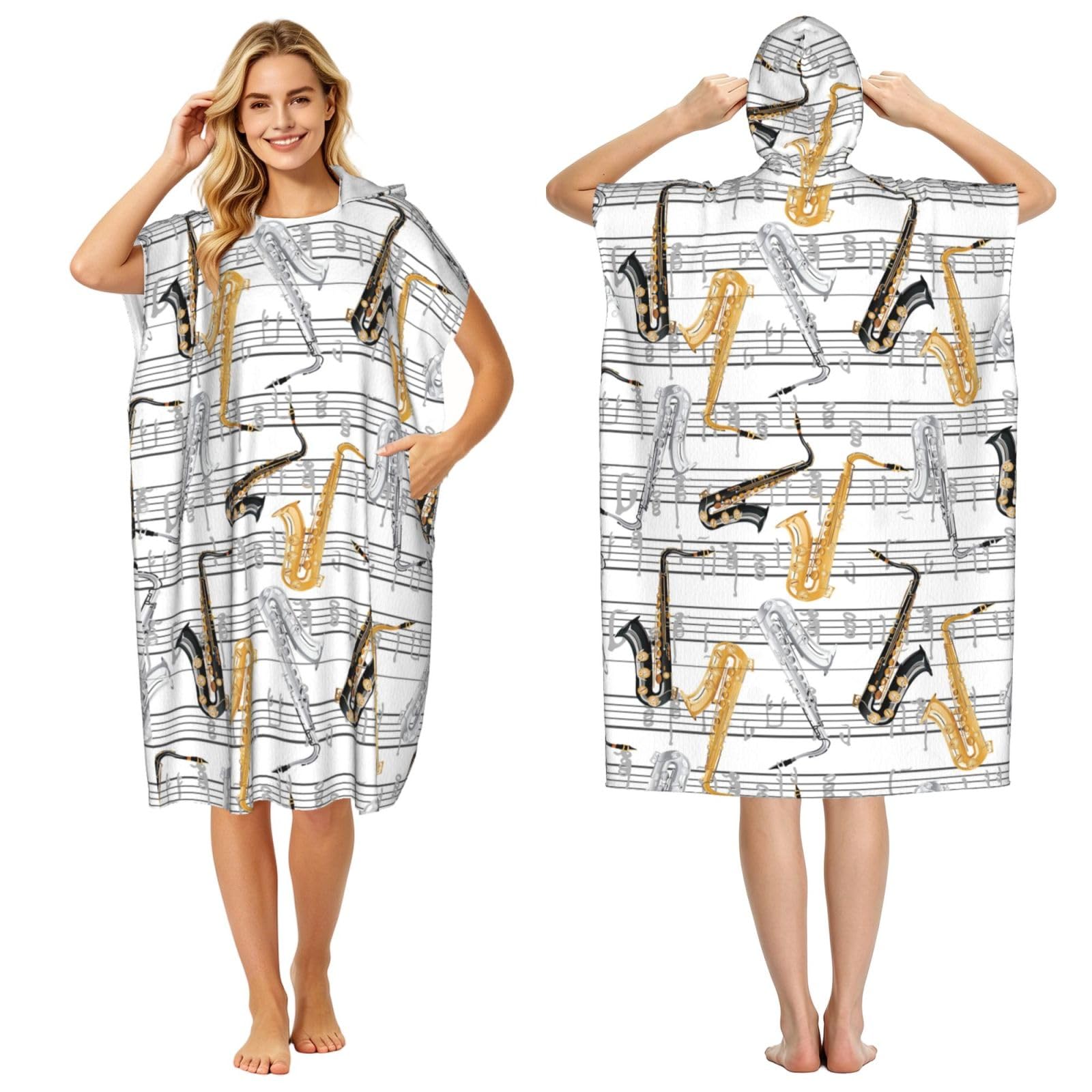 Poadnly Music Notes Saxophones, Adult Hooded Beach Towel 90 x 110 cm,Changing Bath Robe, Surf Poncho Towel For Women Men