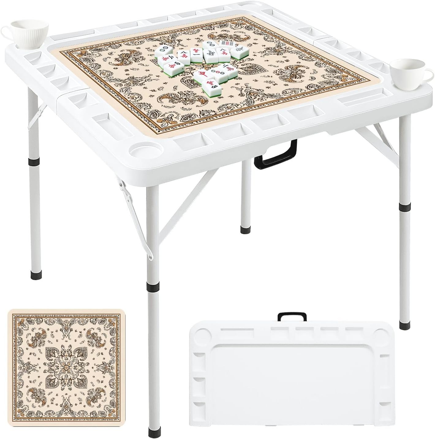 Folding Mahjong Table with Boho Paisley Bandana Ornate Floral Swirling Patterns Brown Wear-Resistant Mahjong Mat, 4 Cup Holders & Chip Trays for 4 Players Square Portable Card Table for Poker Domino