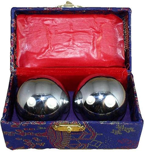 Denpetec 2 bolas de Baoding chinas para ejercicio de salud, pelotas para el estrés con caja de meditación y masaje de balón (plata, diámetro de 1.49