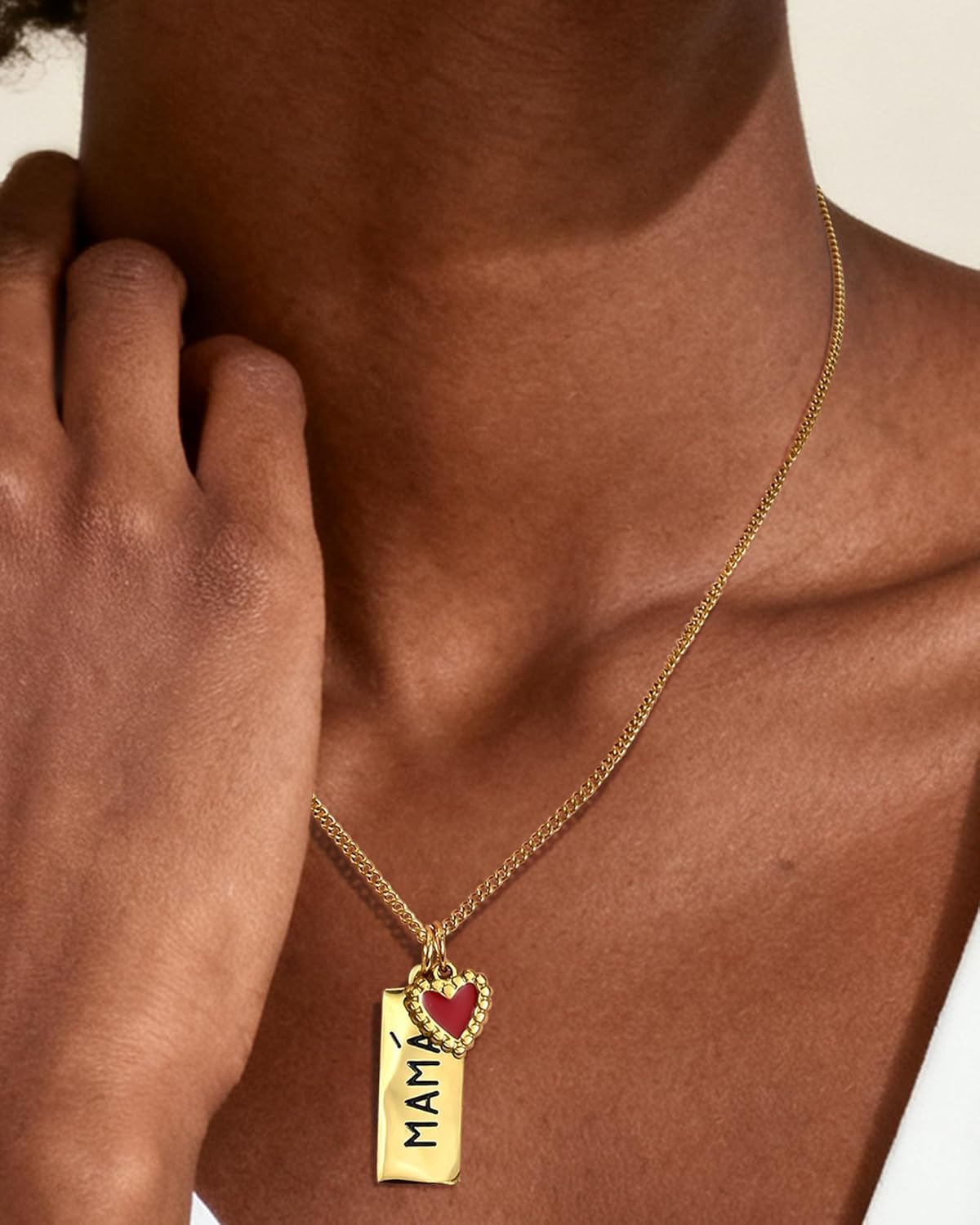 Mama Necklace for Women Gold Bar Pendant Necklace with Red Heart Charm for New Mom Birthday Gifts - Image 2