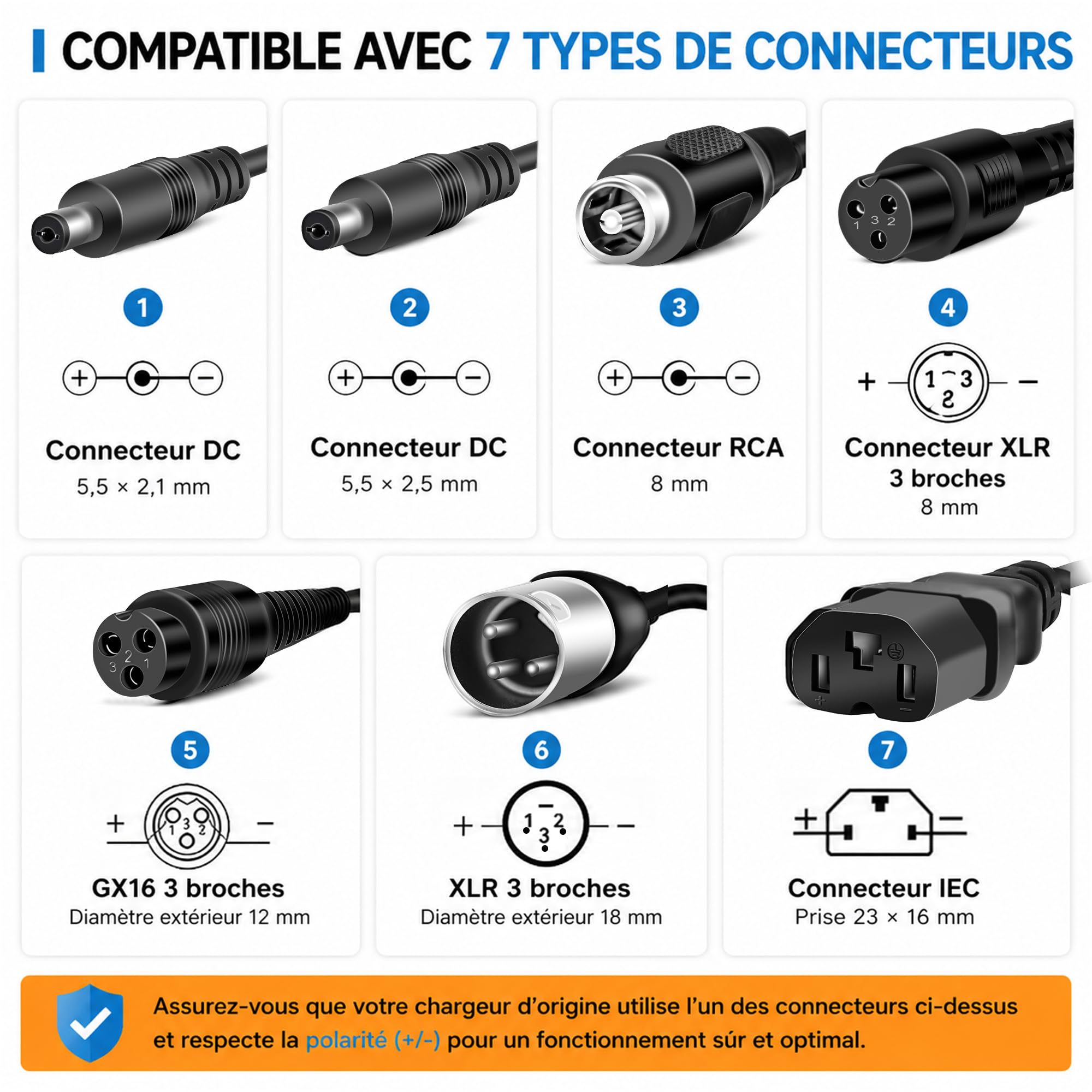 Chargeur de Batterie Lithium-ION Universel pour vélo électrique (eBike), Trottinette électrique et Hoverboard Remplacement avec 7 connecteurs (54.6V2A)
