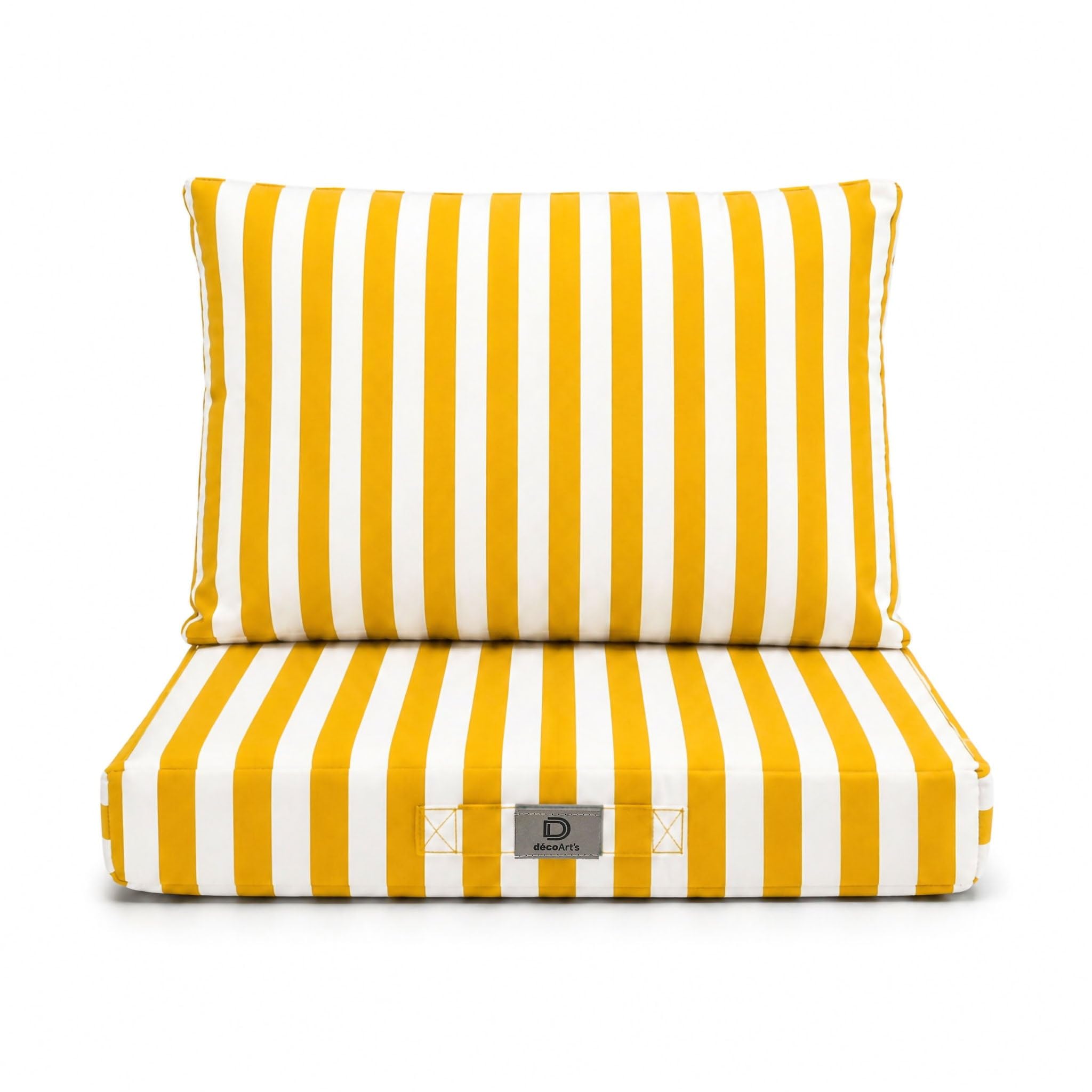 Déco Arts — Set di 2 Cuscini Sfoderabili Salotto Giardino 60x60 — Seduta 60x60 + Schienale 60x35 cm — Impermeabile Anti-UV — Ricambio Mobili Giardino Terrazzo Balcone Veranda — A Righe Gialle