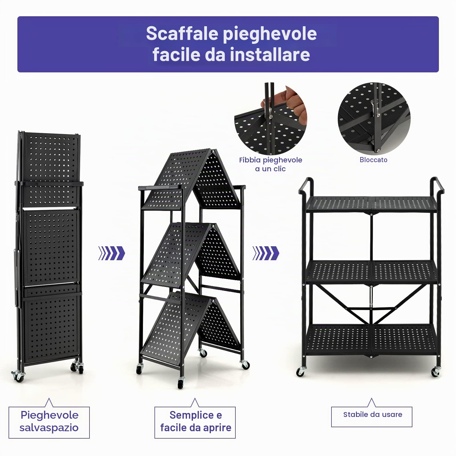 HOMASIS carrello di servizio pieghevole a 3 livelli, con 4 ruote e 2 freni, compatto, ripiani in metallo per cucina, nero