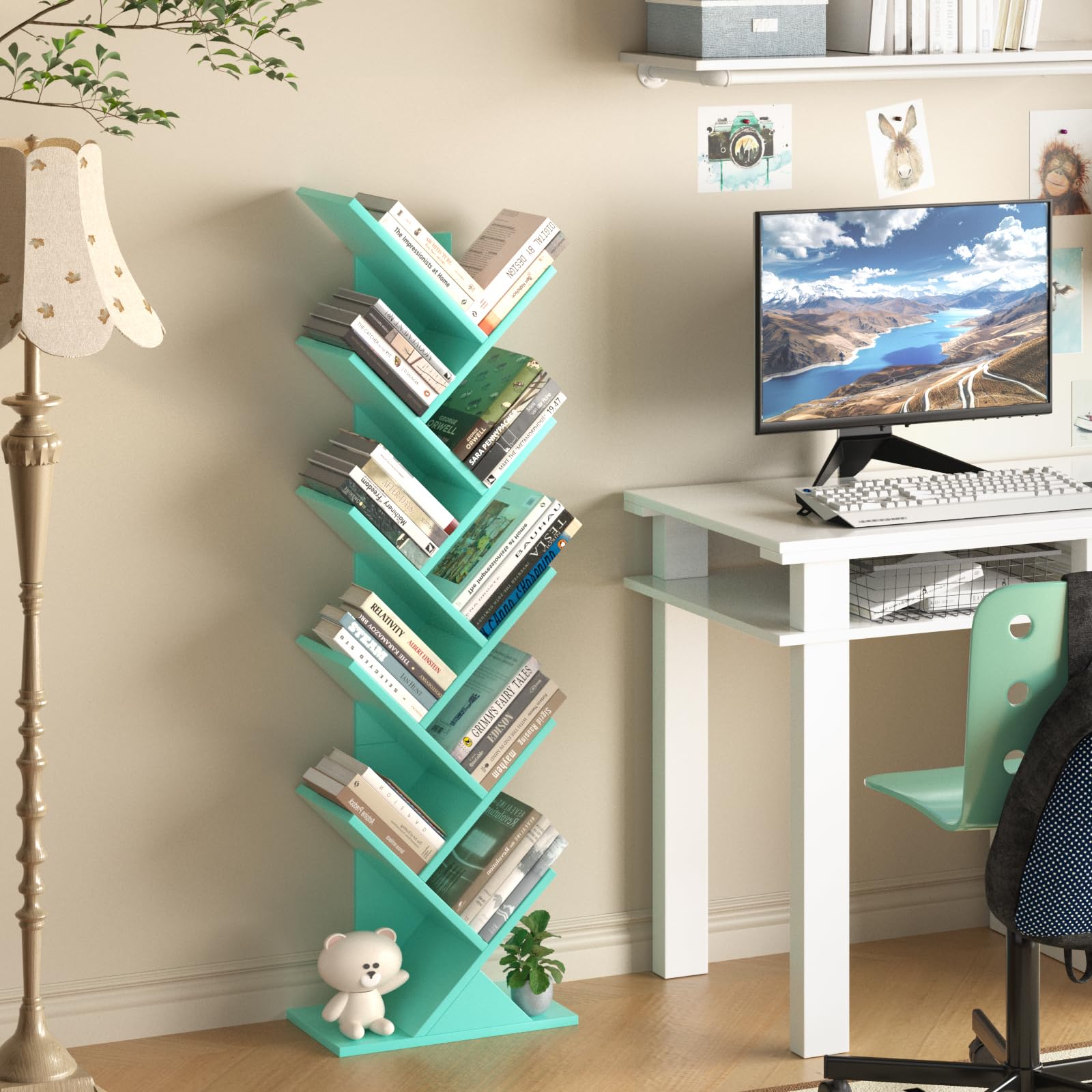 LELELINKY Bücherregal Baumform, Standregal 10 Ebenen für Bücher/CDs/Zeitschriften, DVD Bücherregal Holz, Bücher Regal für Wohnzimmer, Schlafzimmer und Heimbüro, Grün
