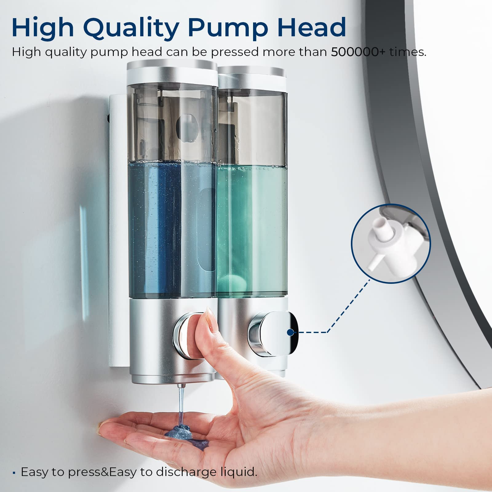 modunful Dispenser Shampoo e Bagnoschiuma 3 Camere | ABS Lucido | Erogatore a Pressione Controllata | Senza Trapano | Resistente per Casa e Appartamento
