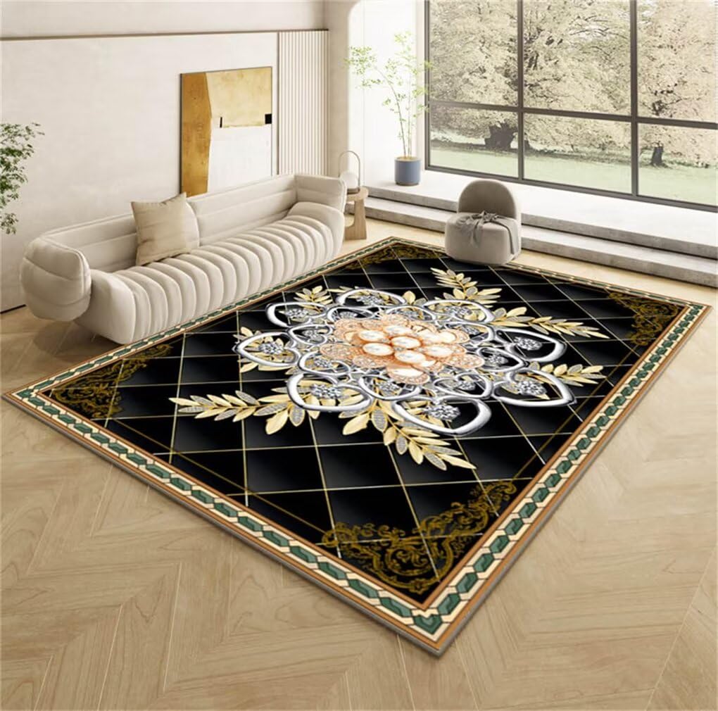 Tapis pas chere 100x150 cm noir à motif floral 3D facile à nettoyer pour chambre garçon