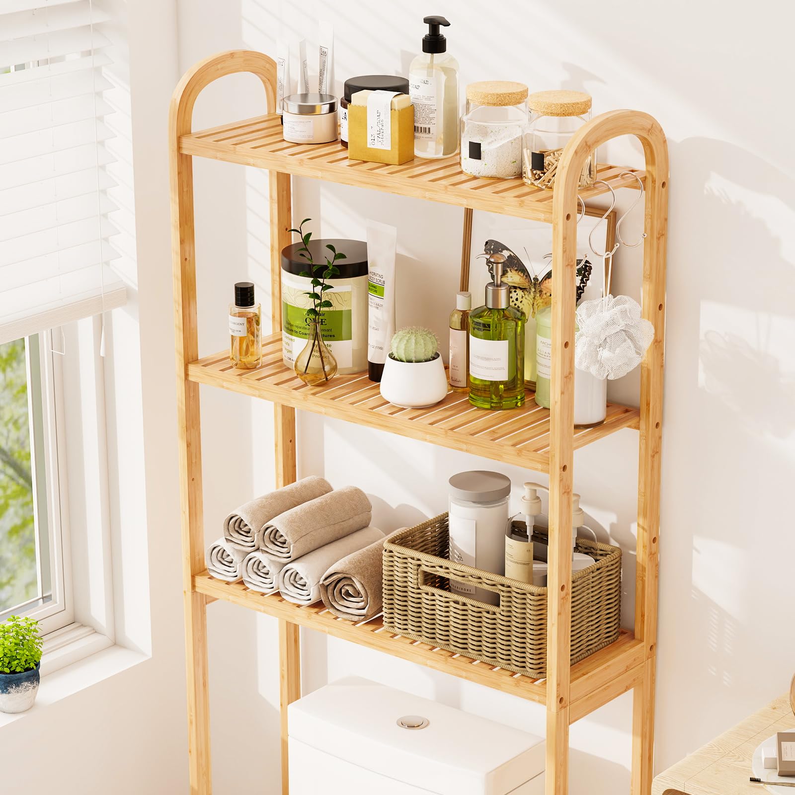 GOPLUS Meuble WC au-Dessus des Toilettes en Bambou, Étagère Toilette à 3 Niveaux avec 3 Crochets et Barres Réglable, Meuble Salle de Bain et Buanderie, 71,5 x 25 x 166 cm (Naturel)