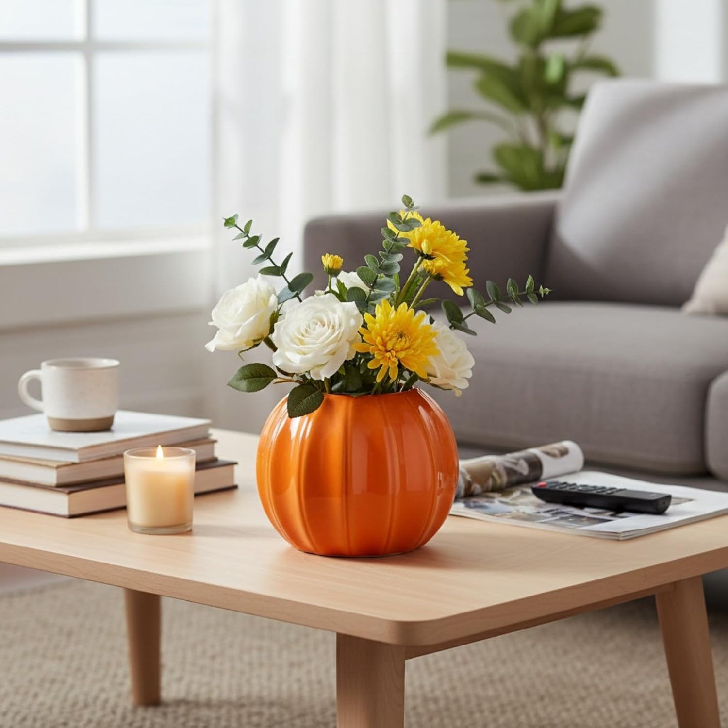 LOGOFUN Pumpkin Vase Ceramic Pumpkin Planter Pumpkins Shaped Dried Flower Vases for Thanksgiving Fall Autumn Harvest Decor - Orange 14.00X14.00X11.50cm/5.50X5.50X4.52in