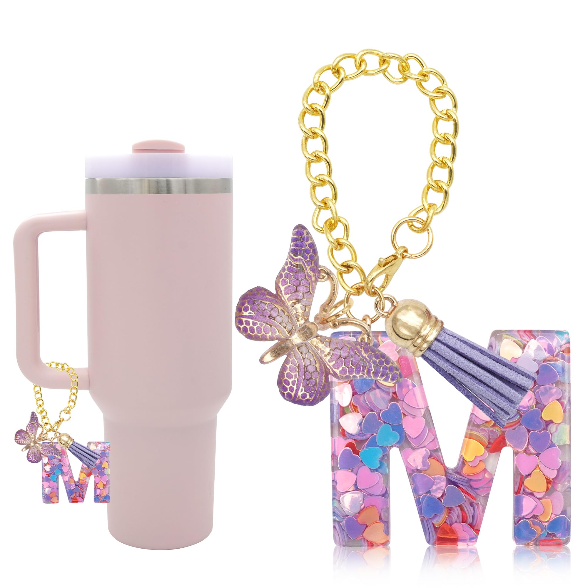 Starrytools Letter Charm Accessories for Stanley Cup with Handle, Cute Initial Letter Charms with Butterfly Tassel (M-Purple)