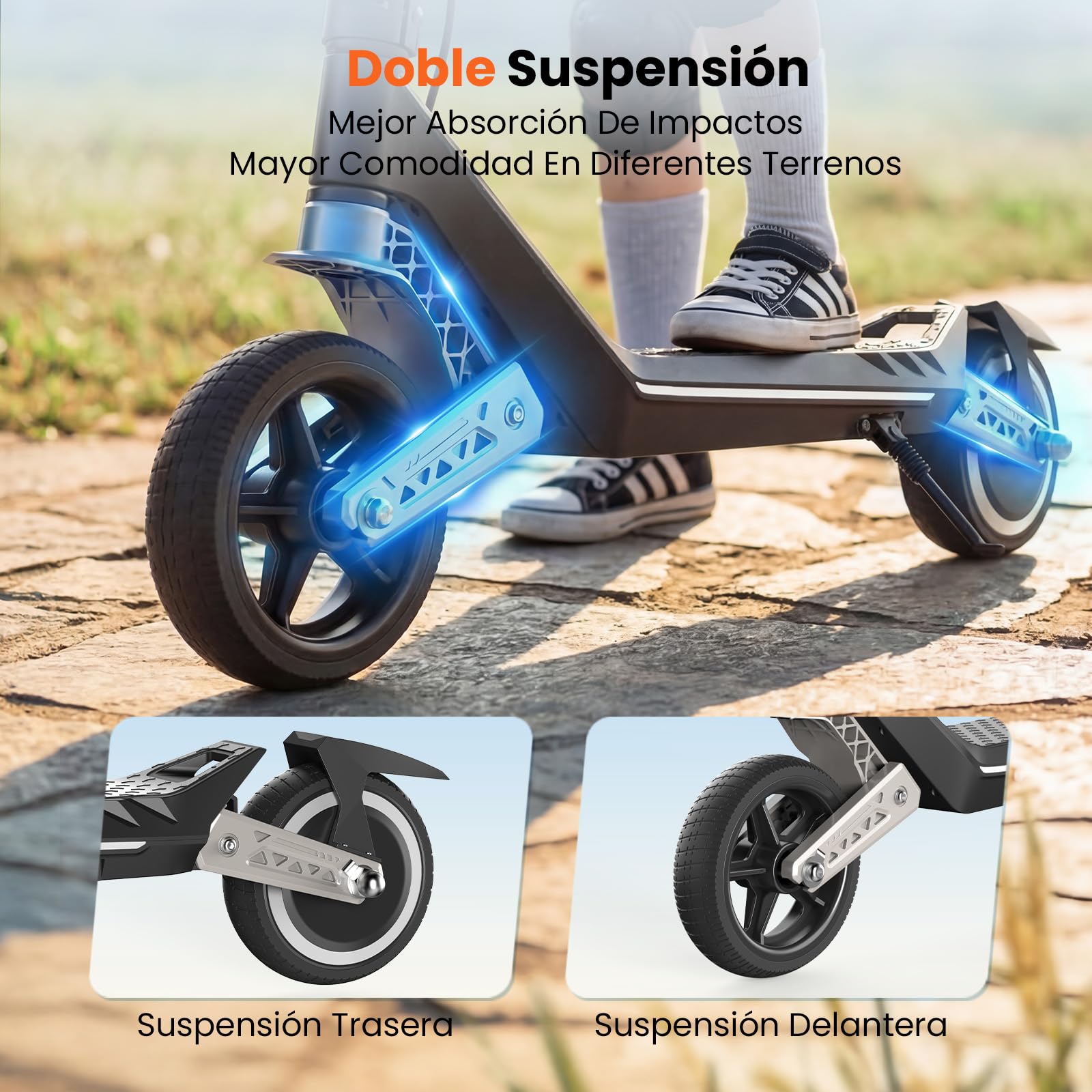 isinwheel Patinete Electrico Niño K6,6-12 Años,Ruedas Macizas 6.5",3 Velocidades5/10/16 km/h,Doble Suspensión Delantera y Trasera,3 Modos LED, Bluetooth,Plegable Ajustable,Carga Máxima 70 kg
