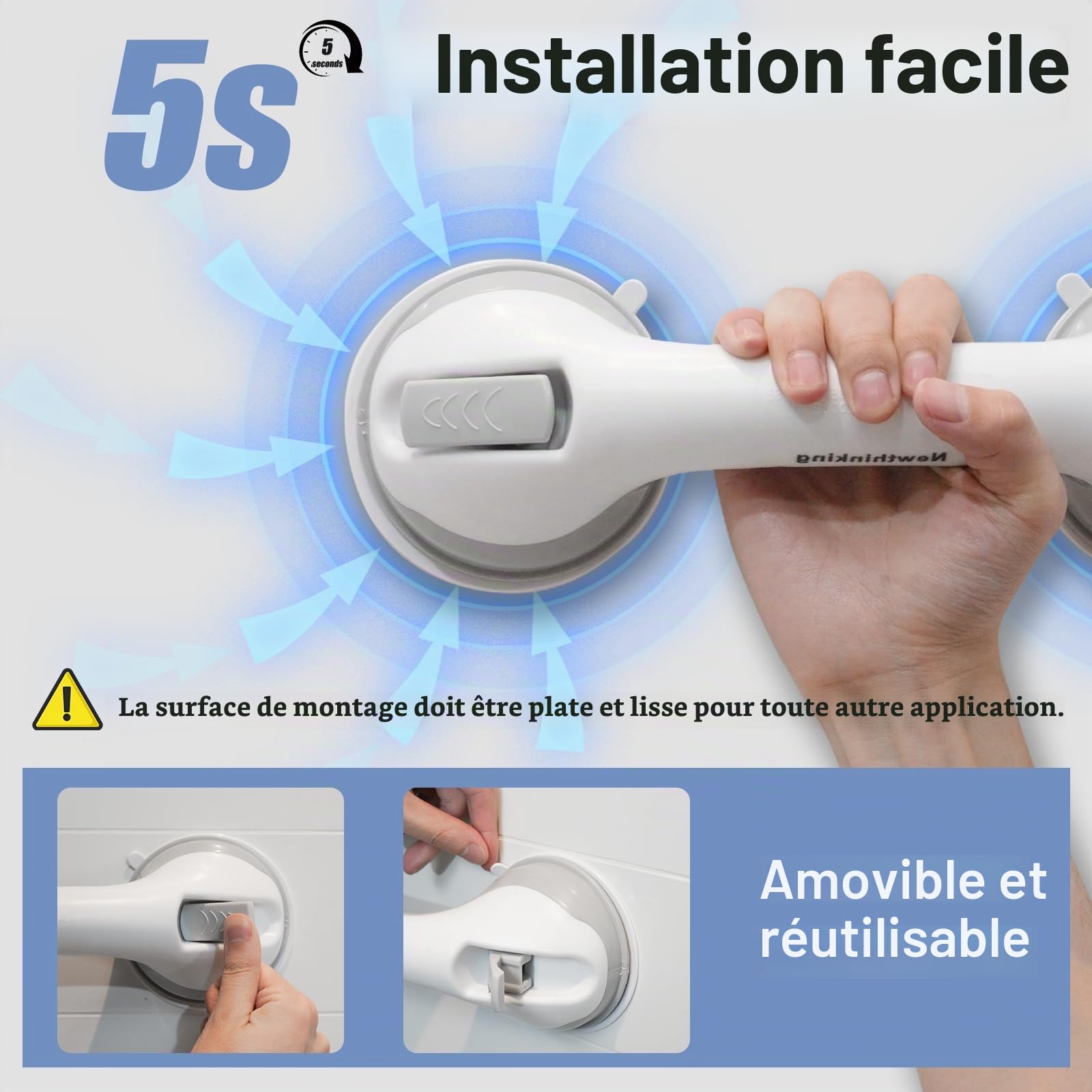 Newthinking Poignée Ventouse, Barre d'appui Douche, 30 cm, 2 Pièces | Poignée douche sécurité ventouse, antidérapant, sans perçage. Pour personnes âgées, handicapés, enfants