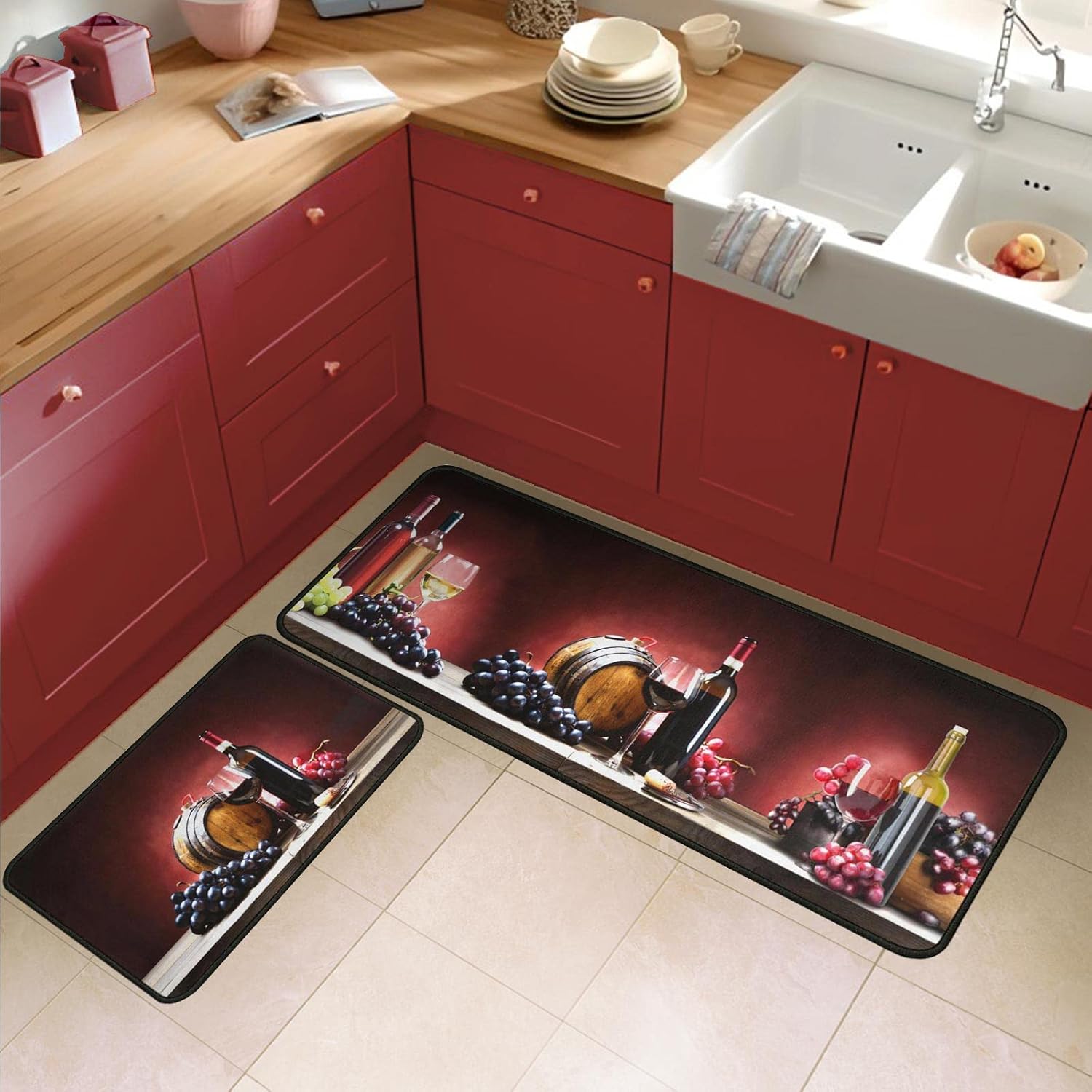 Red Wine Kitchen Rugs Set 2 Pieces Non-Slip Kitchen Floor Rug and Mat Wine Decor for Kitchen Floor Bedroom 17"x47"+17"x30"