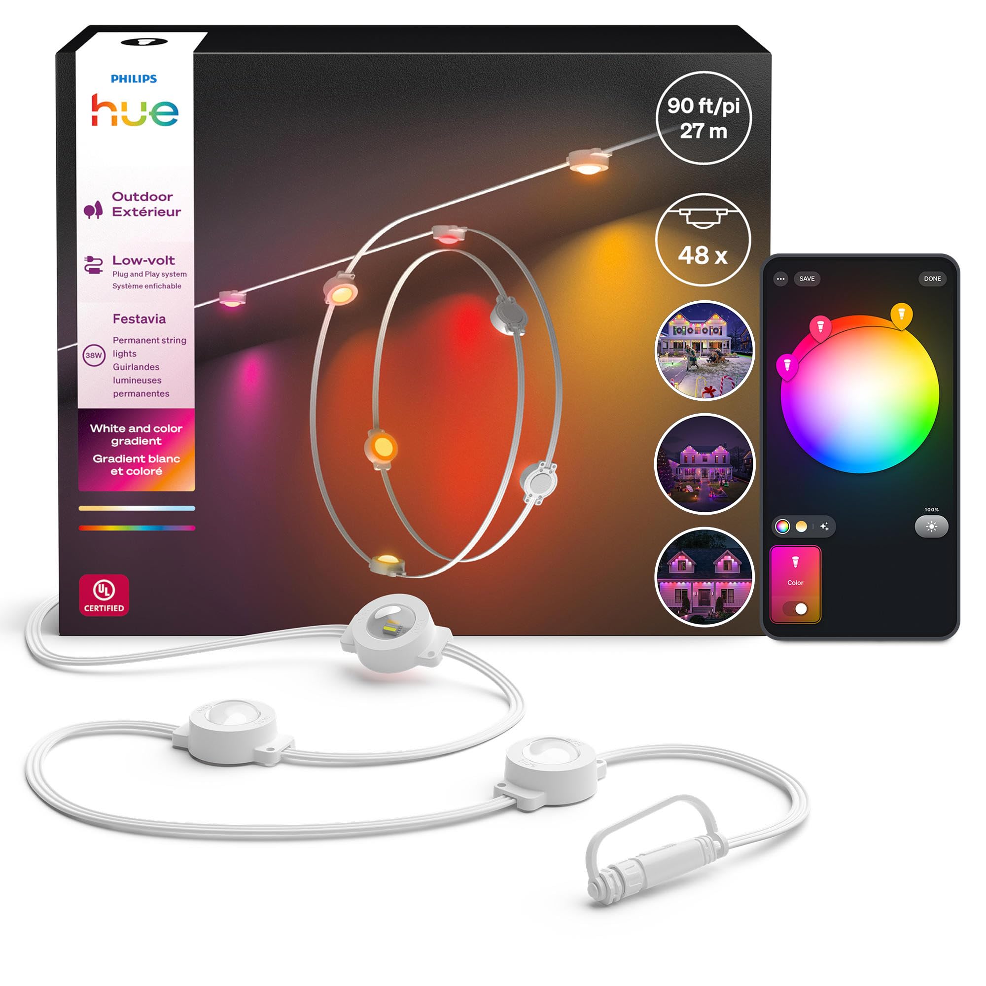 Philips Hue Festavia 90ft Permanent Outdoor String Lights, 48 Dimmable Lights, 55 Lumens Each, Weatherproof, Water-Resistant, White Wire, Color Ambience, Bridge Required