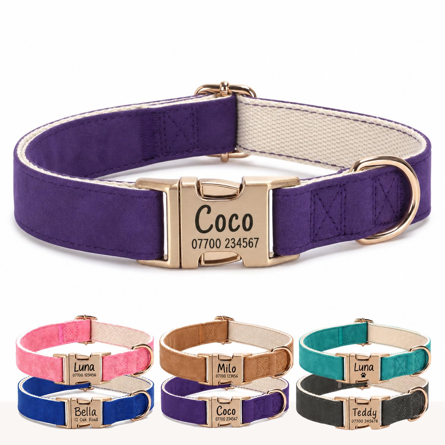 Engraved Buckle Dog Collar, Personalised PU Leather Collar with Name and Phone Number, Soft Breathable Lined Adjustable Pet ID Collar for Puppies Small Medium Large Dogs, UK Dispatch