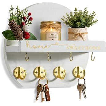 Key Rack with Shelf Made of Solid Wood Key Holder Wall with 8 Hooks Wall Shelf for Hallway and Entrance Area 3 Mounting Types White