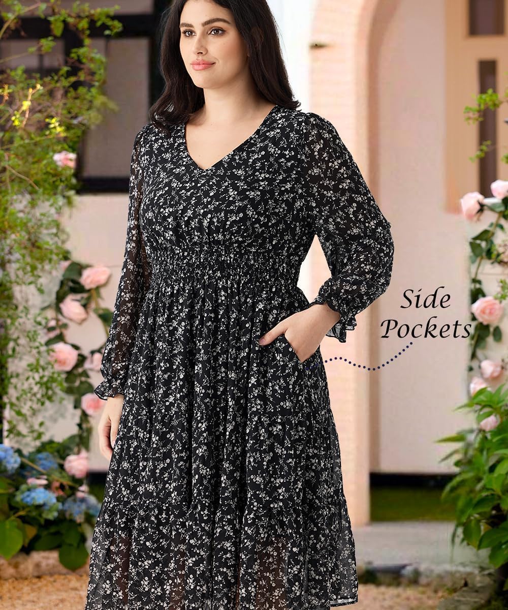 TIYOMI Plus Size Maxi Floral Dress for Women 2025 Long Sleeve V Neck Flowy Dress Empire Waist Wedding Guest Dresses - Image 2
