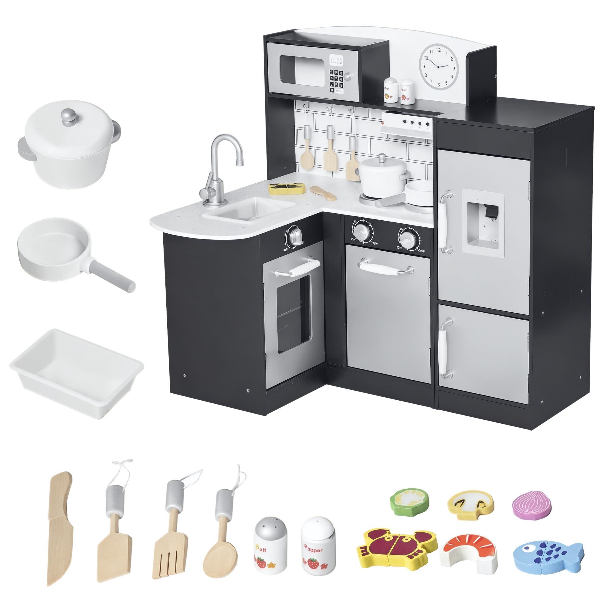 HOMCOM Cucina Giocattolo per Bambini 3+ Anni, in Legno, Argento Marrone | 14 Accessori, Forno, Lavandino, Frigo e Microonde, 86x64x84.5cm