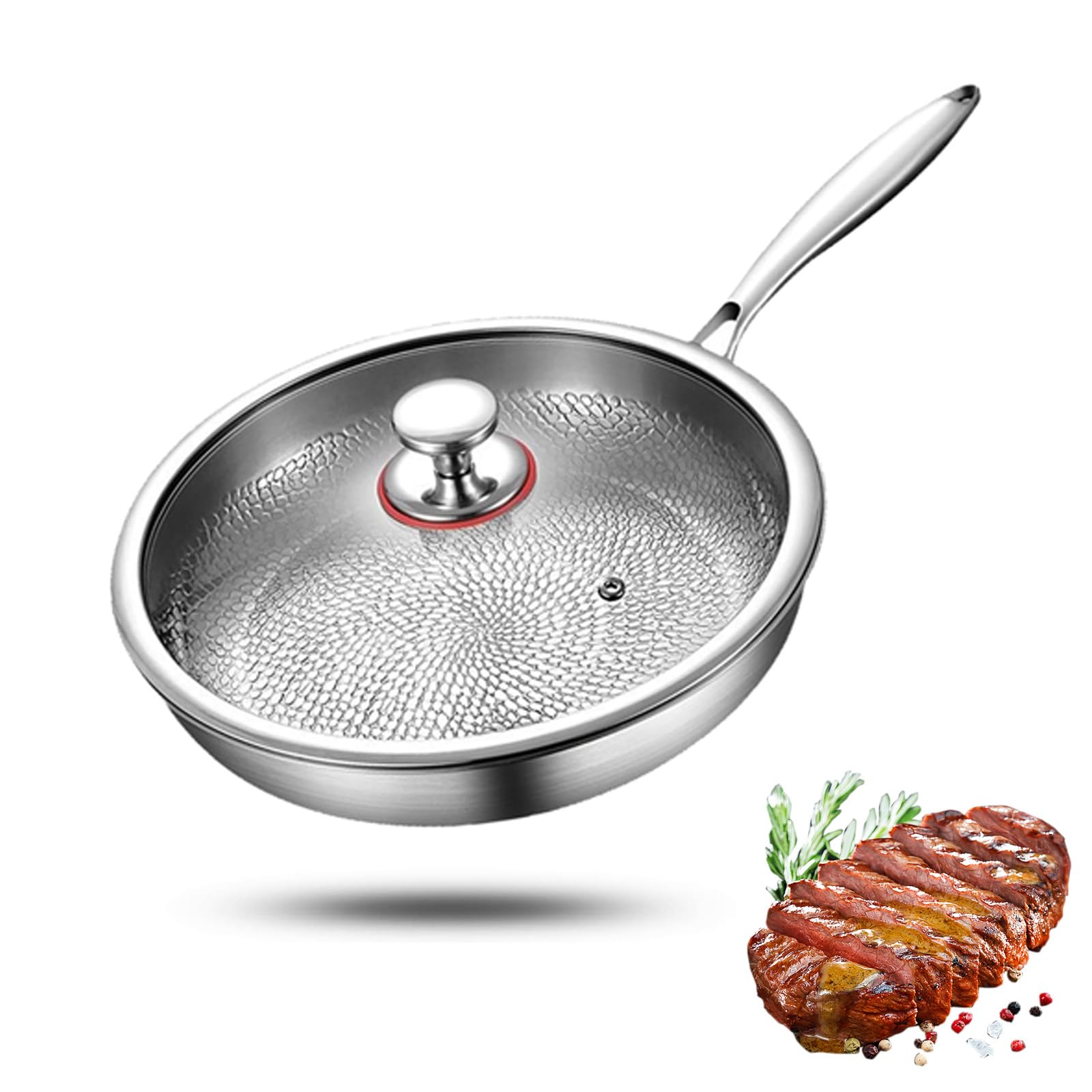 Padella in titanio di alta qualità, 28 cm, a tre strati, in acciaio inox, con coperchio, non rivestita, antigraffio, antiaderente, martellata, adatta per tutti i tipi di piani cottura