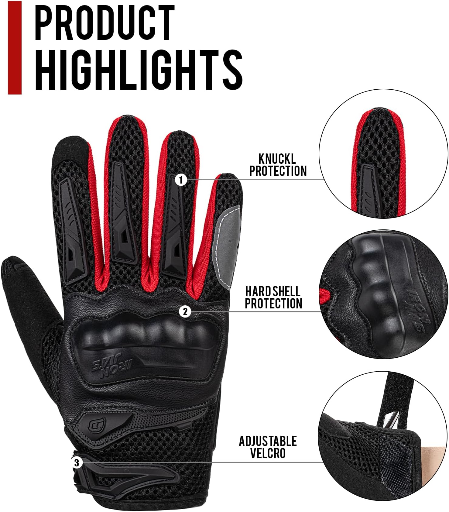 IRON JIA'S Motorcycle Gloves for Men and Women - Motorbike Powersports Racing Gloves with Hard Knuckle Touchscreen for BMX ATV MTB Riding (Red L)