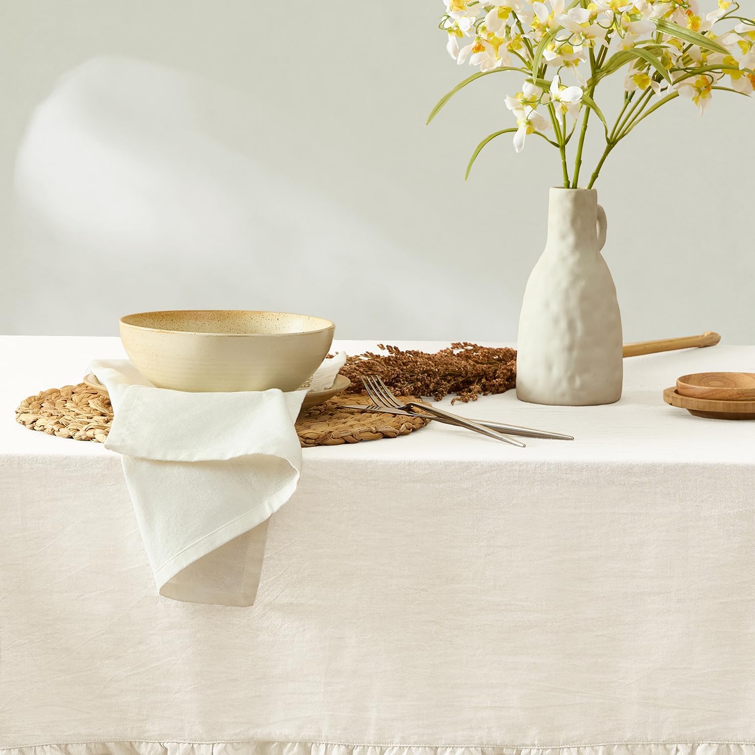 MONDAY MOOSE Ruffle Farmhouse Rustic Rectangle Natural Stonewashed Cotton Tablecloth for Kitchen, Dining Room, Restaurant (60x120 inch, White)