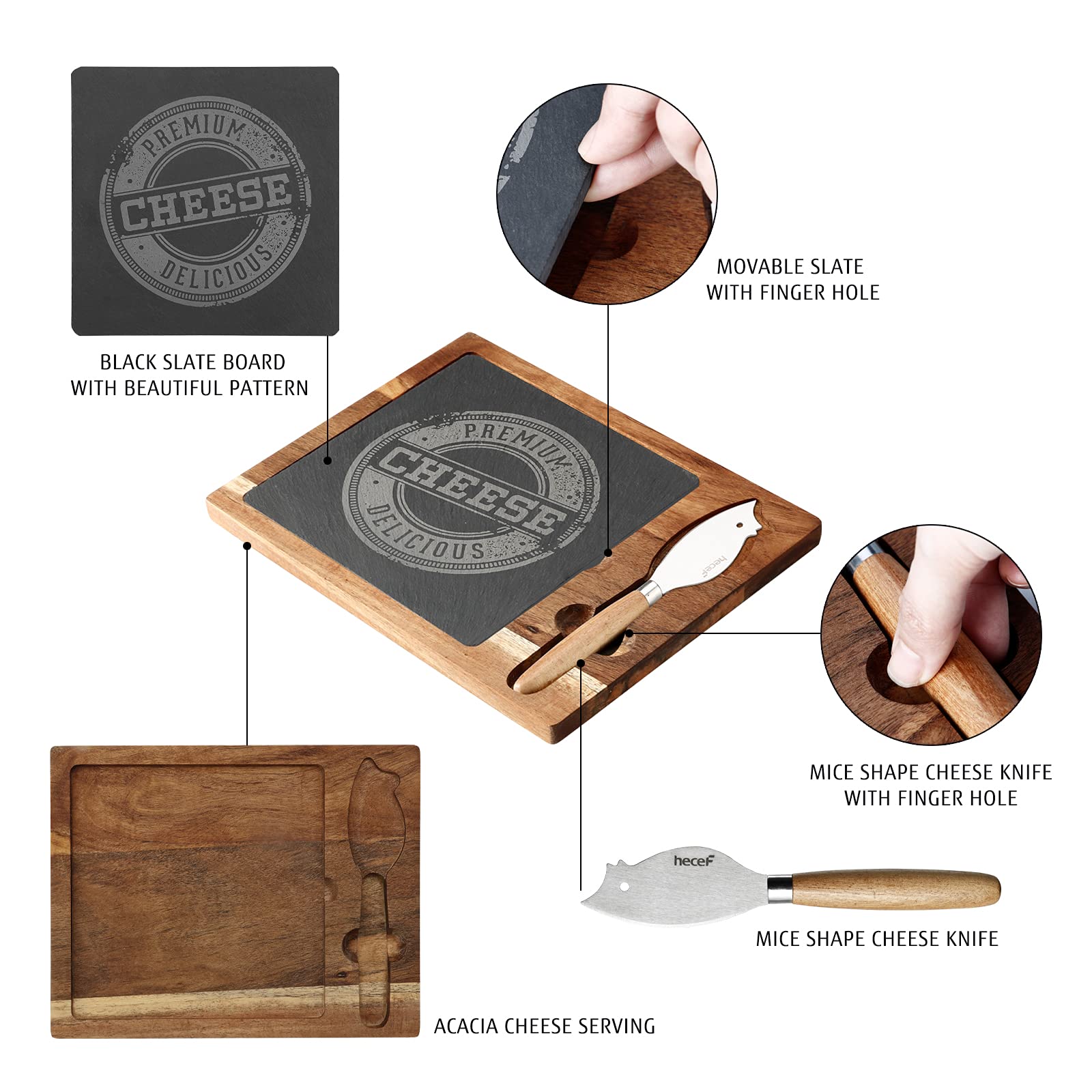 hecef Juego de Tabla de Queso de Madera Acacia con Tabla Negra y Cuchillo para Queso, Placa de Madera y Bandeja para Servir Queso, Galletas y Carne