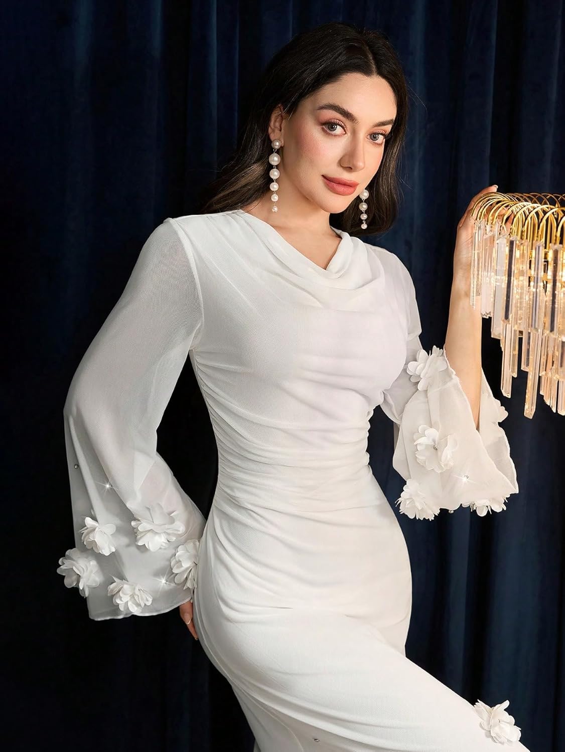 Women's Long Sleeve Floral Maxi Dress Fashion Bodycon Mesh Wedding v-Neck Pleated Guest Cocktail Dress
