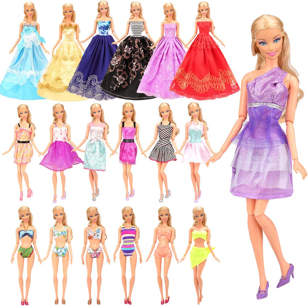 Barwa 16 Pcs Doll Clothes Set 10 Fashion Mini Dresses with 3 Wedding Outfit Grown Ball Dress 3 Sets Bikini Swimsuit Random Style for 11.5 inch Doll