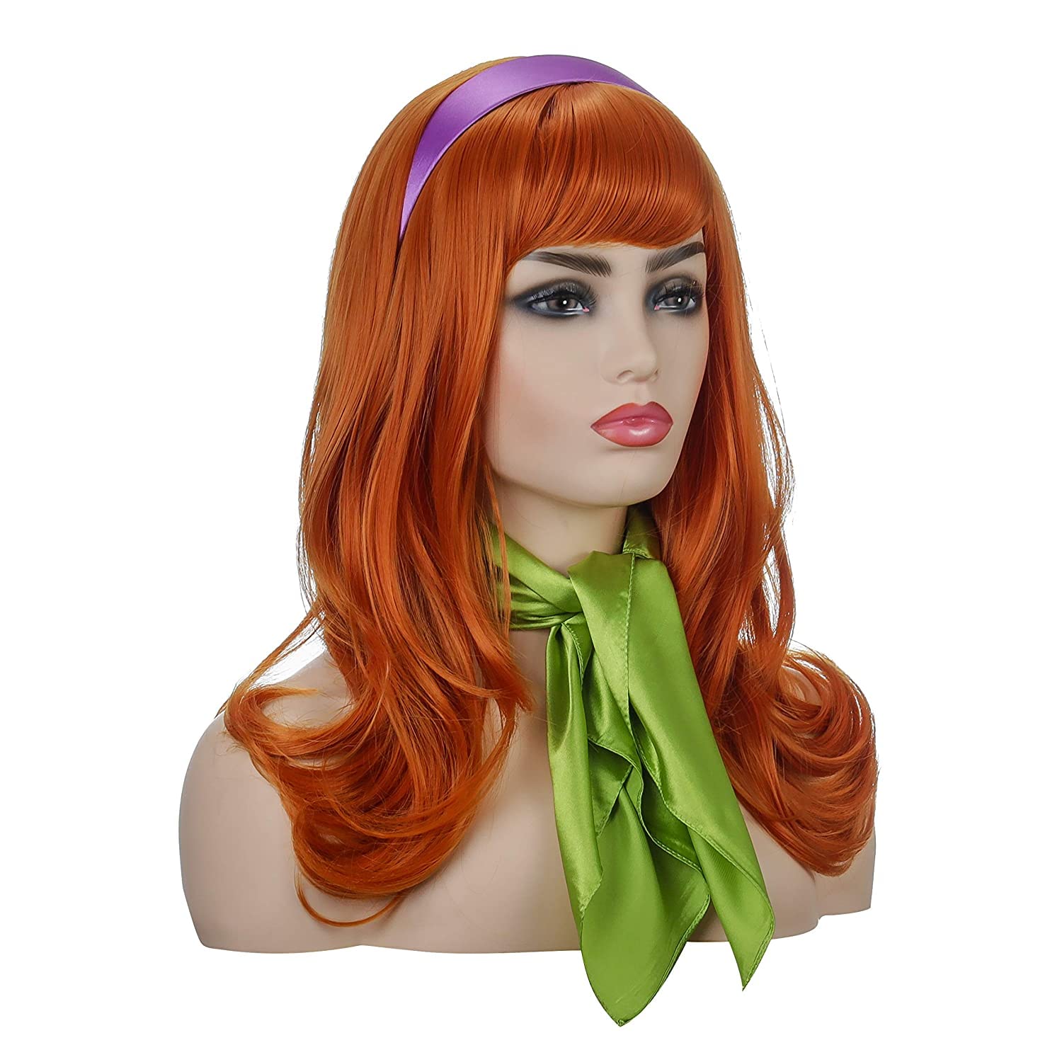FVCENT Long Wavy Orange Wig | Full Bangs Ginger Wigs Halloween Cosplay Costume Party Synthetic Wig With Purple Head bang and Green Scarf (Daphne)