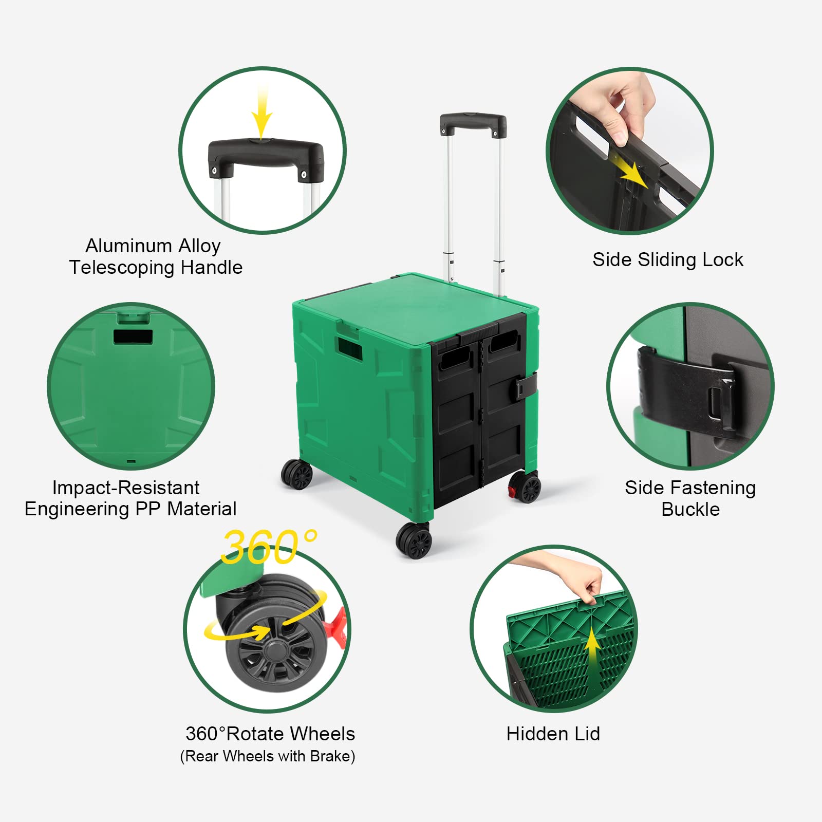 Pieghevole trolley spesa su 4 ruote, Carrello Portaoggetti con Manico Telescopico Regolabile, Cestino Spesa Portatile Resistente da 50 kg con Coperchio per Spesa/Campeggio - Verde/Nero