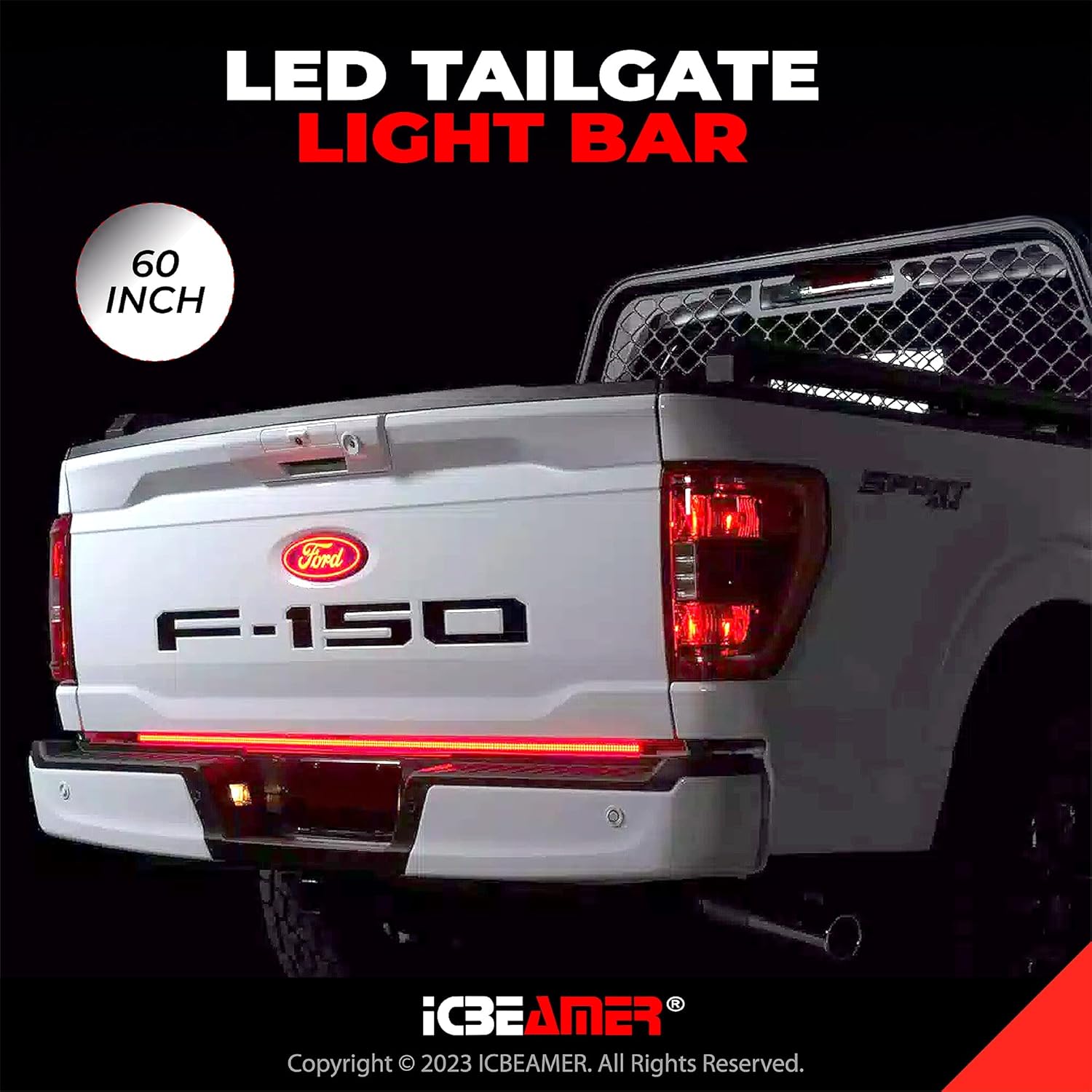 ICBEAMER Triple Row 60 inch 504 pcs LED for Pick up/Truck Tailgate Light Bar Side Bed Light Strip Bar IP67 Waterproof Reverse- 6 Functions Tail/Brake/Sequential/Turn Signals/Reverse/Flashing Lights