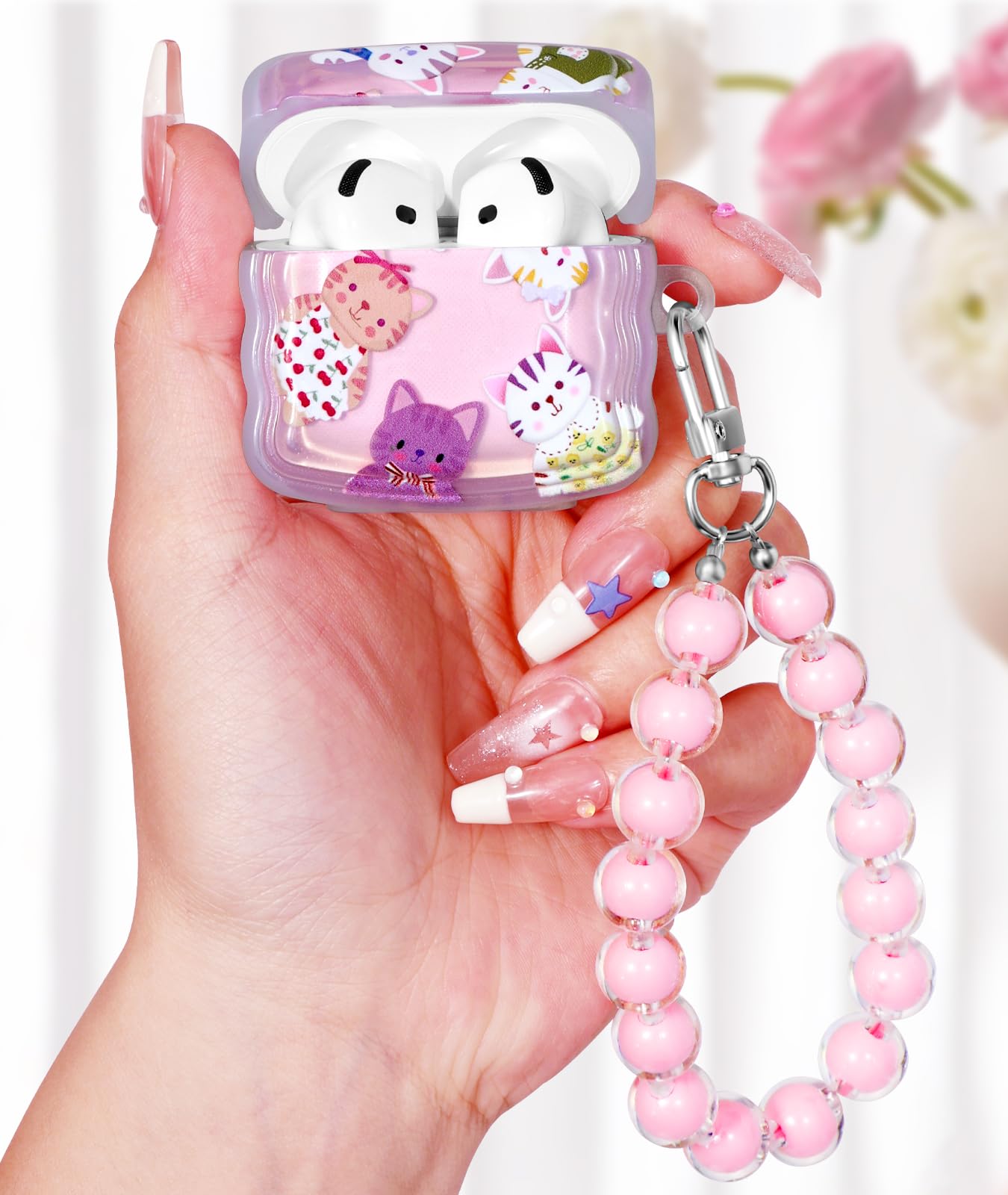 Boaretiu for Airpods 4 Case 2024 for Women Girls Girly Cute Kawaii - Girlish Stylish Shell Cats Design Cover with Carabiner and Kaychain for Air pods