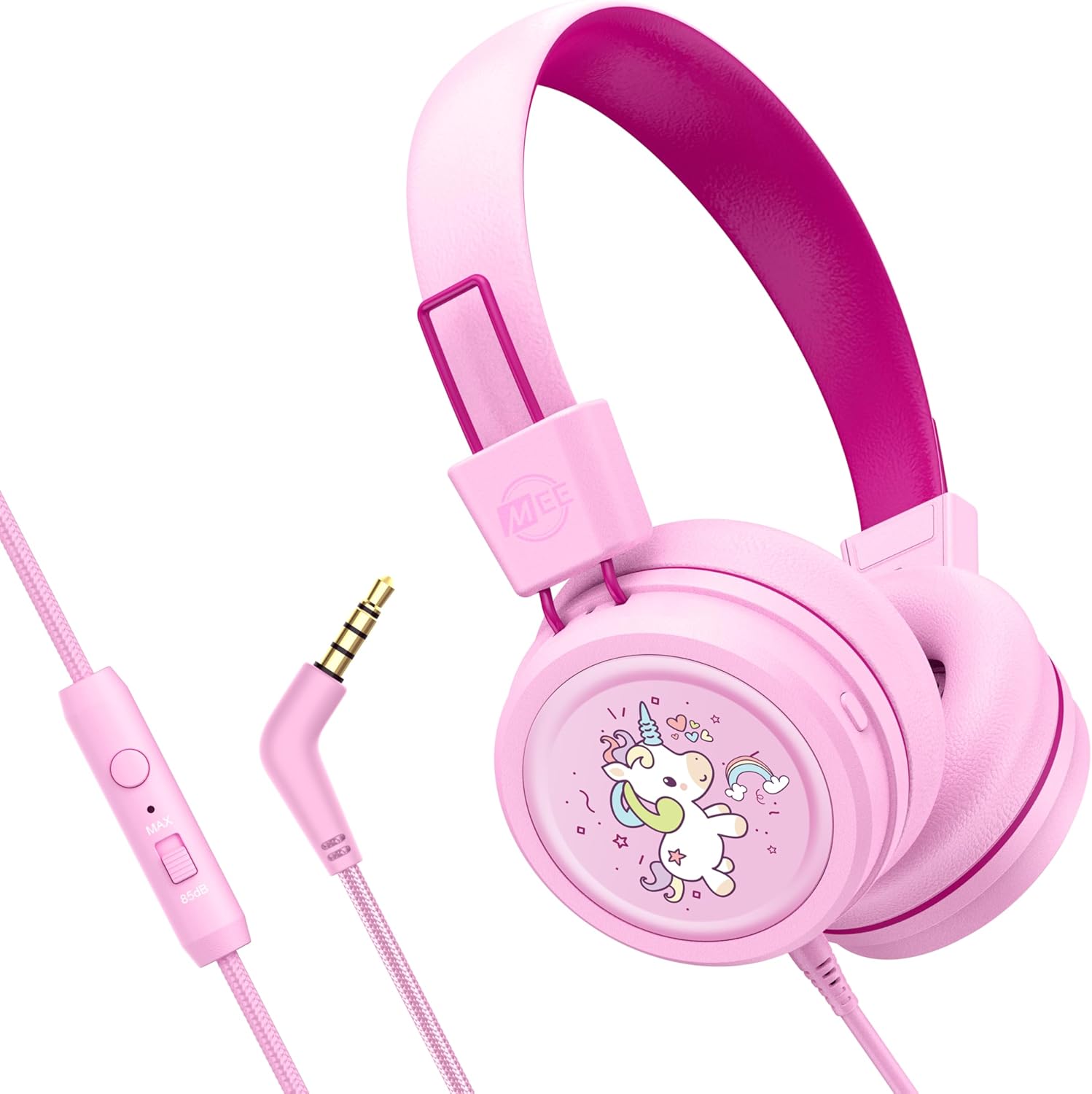 MEE audio KidJamz KJ55 Wired Children’s Headphones with 3.5mm Plug, Colorful Graphics, Volume Limiter & Microphone, Adjustable On-Ear Kids Headset for Online Learning/School/Travel/Tablet (Pink)