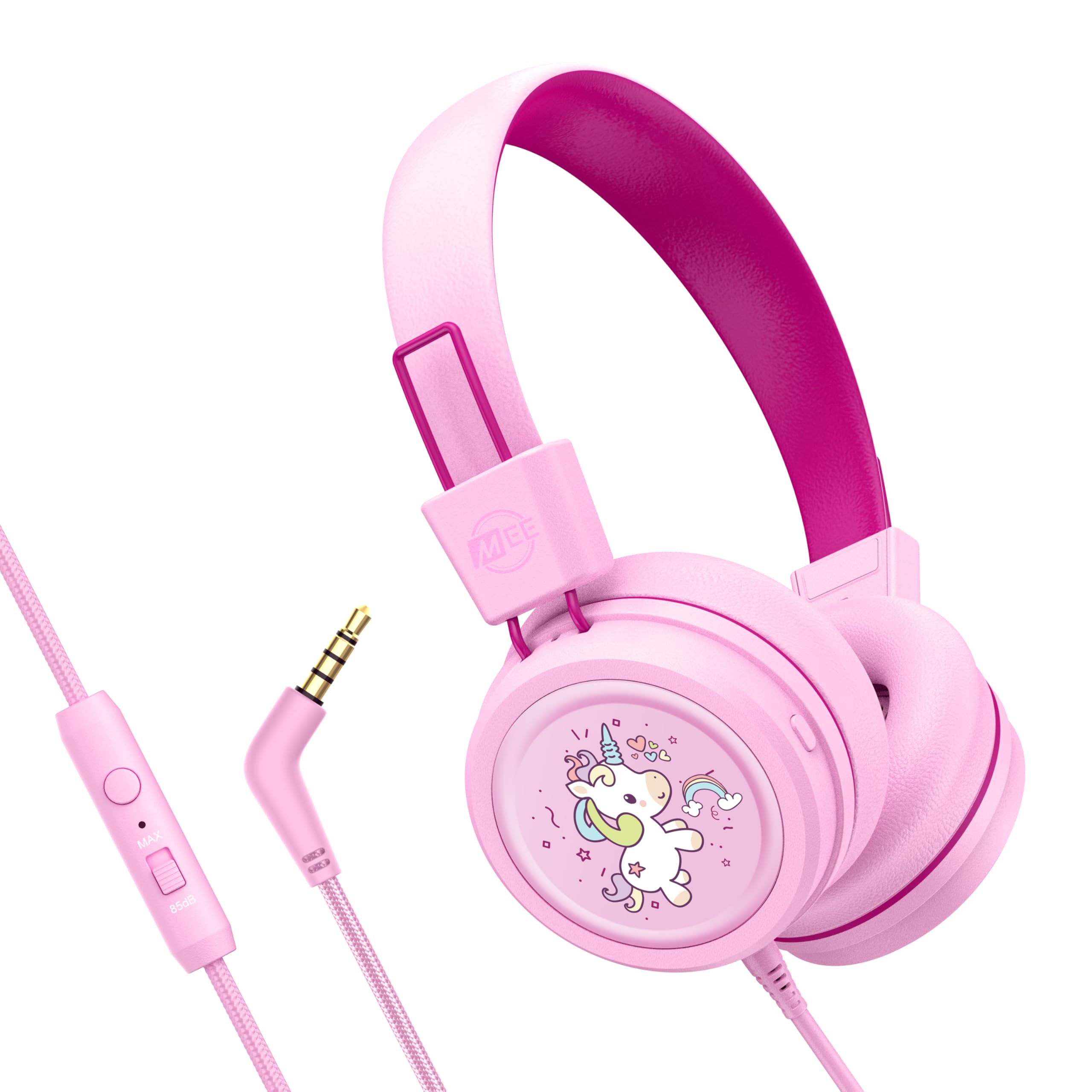MEE audio KidJamz KJ55 Wired Children’s Headphones with 3.5mm Plug, Colorful Graphics, Volume Limiter &amp; Microphone, Adjustable On-Ear Kids Headset for Online Learning/School/Travel/Tablet (Pink)