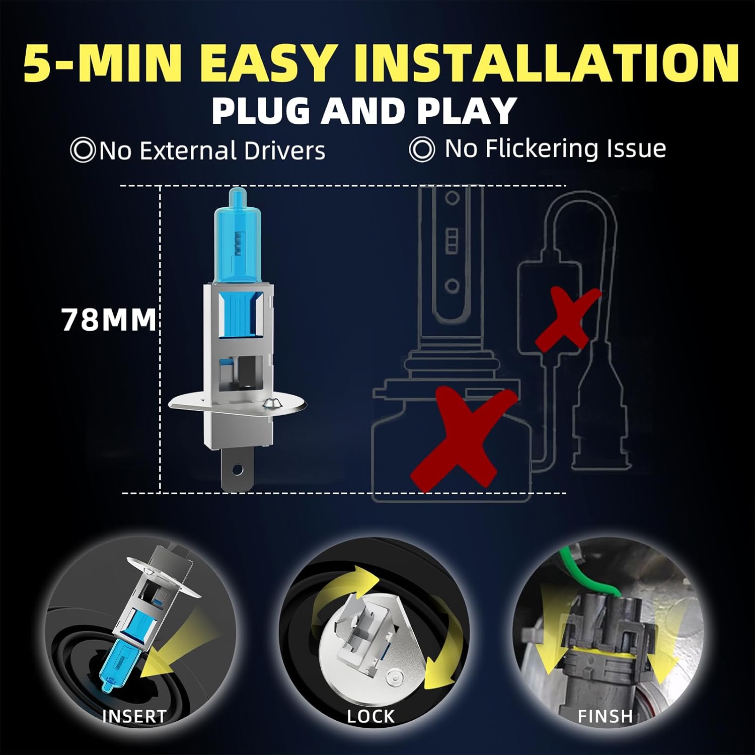 Headlight Bulbs Fit for 2010-2013 Kia Forte,H1 High Beam Light Bulbs,Halogen Headlights,300% Brightness,Plug and Play,6000K White,2 Pcs