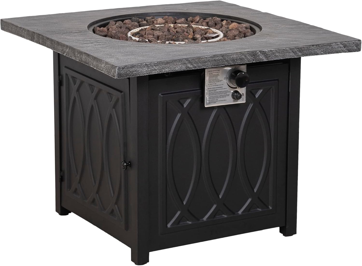 32" Square by 25" high Black Fire Table with Granite Look top, Patterned Sides.