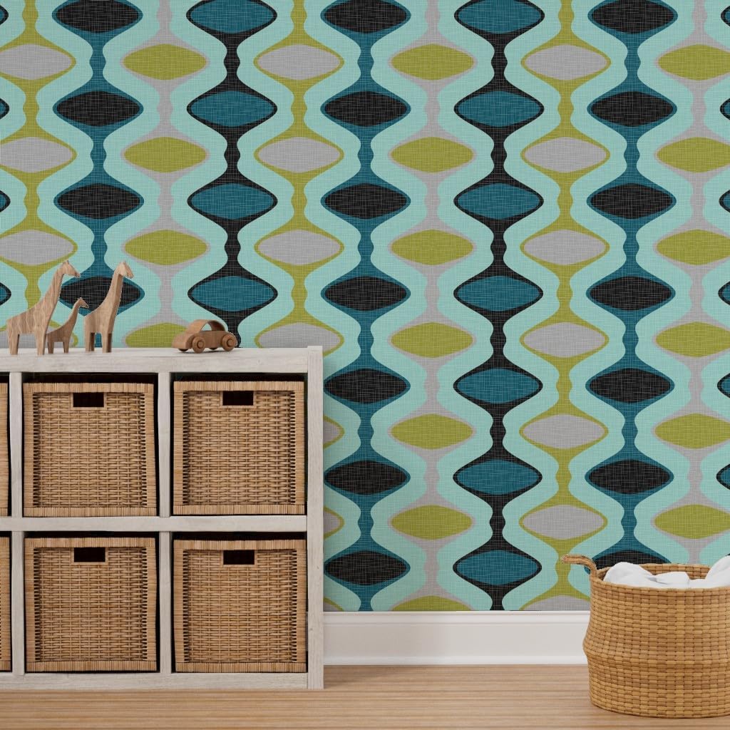 Peel & Stick Wallpaper 9ft x 2ft - Mid Century Modern, Ogee, 1960S, Stripe, Teal, Olive, Aqua, Retro, Vintage Custom Removable Wallpaper by Spoonflower