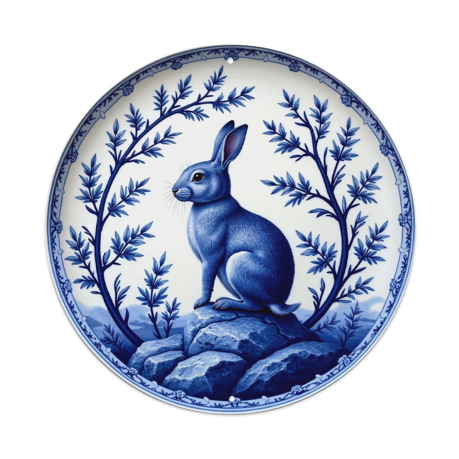 Blue Rabbit On Rock Plate Vintage Metal Tin Sign Retro Wall Decor for Home Bar Garage Cafe, Indoor & Outdoor Decorative，circle Metal Poster, 8x8 Inch