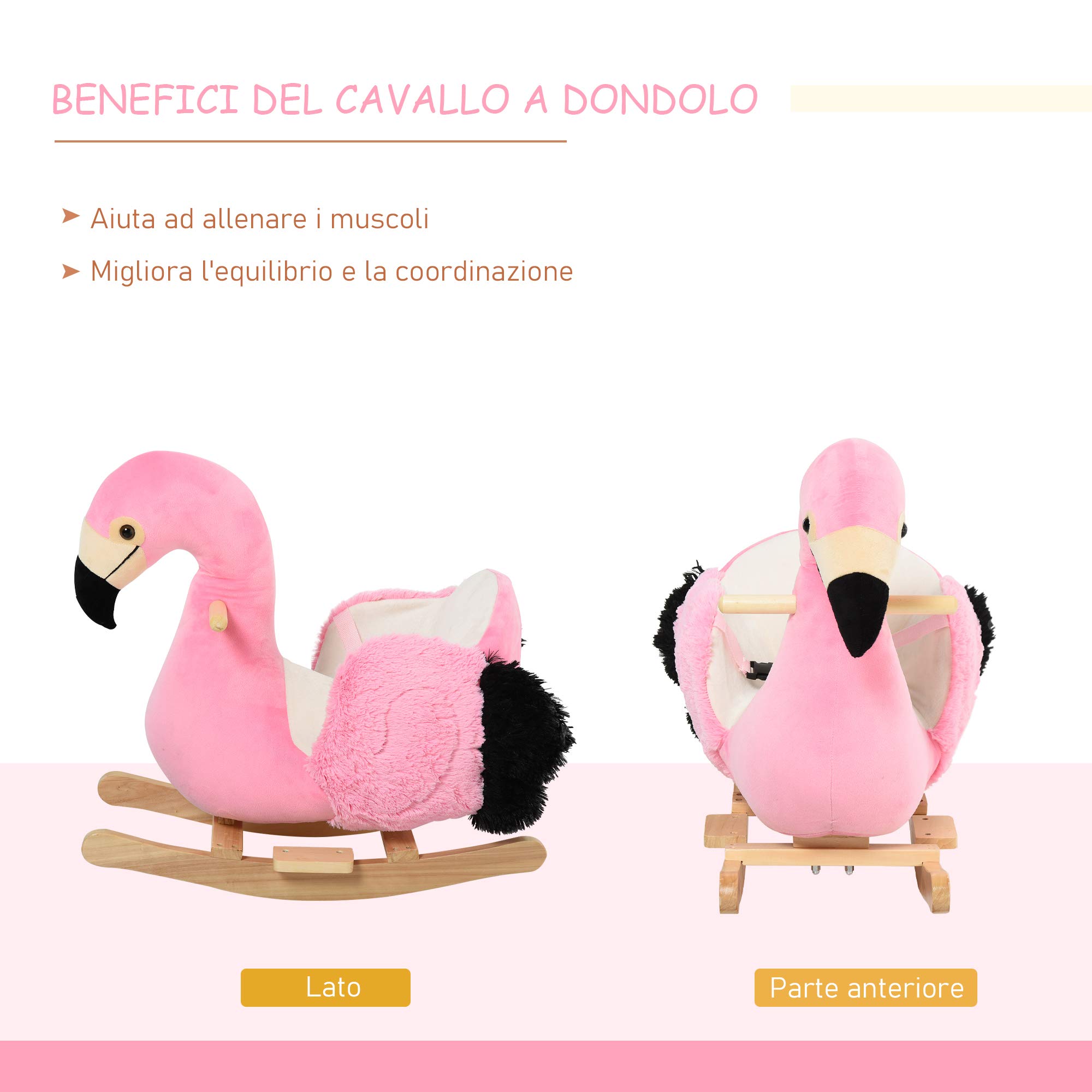 HOMCOM Cavallo a Dondolo per Bambini, Fenicottero a Dondolo per Bambini dai 18 Mesi in Legno con Cinture di Sicurezza, Rosa