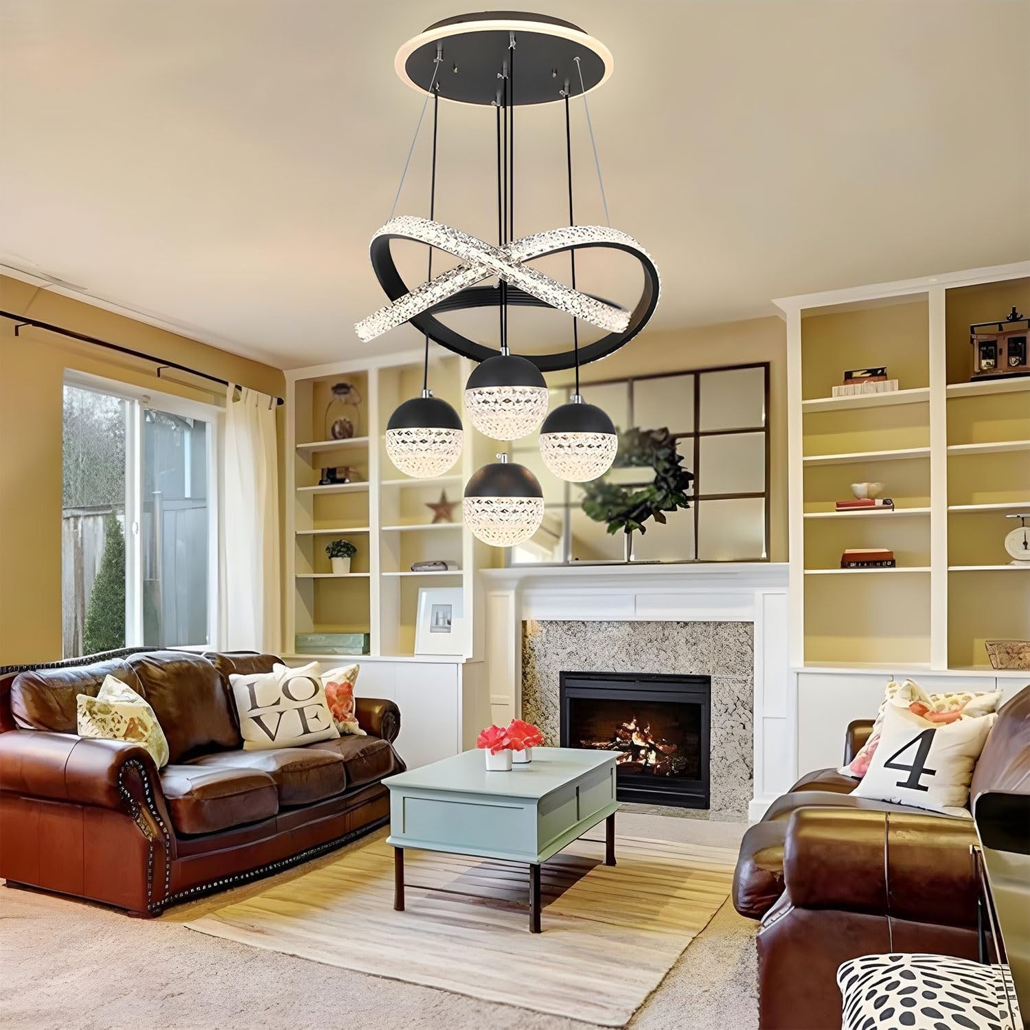 Industrial Light Crystals,Diniroom Light Fixture,Modern，Led Light, for Liviroom Bedroom Kitchen Island with Remote,HEI/Black