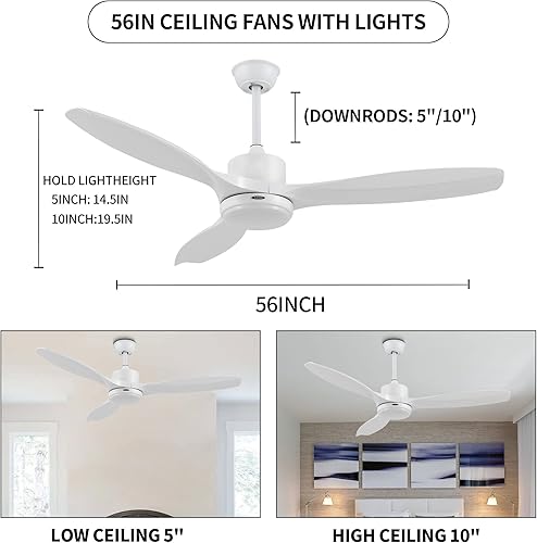 Miniatura 3 de YJFAN Ventiladores de techo de 56 pulgadas con luces, ventilador de techo blanco moderno con control remoto, motor CC silencioso reversible, luz de