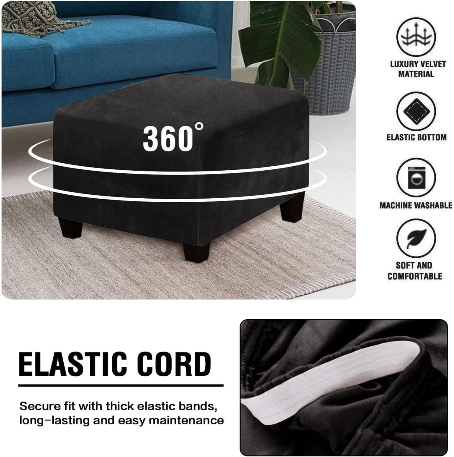 Square Velvet Ottoman Covers Ottoman Slipcover Footstool Protector Covers Storage Stool Ottoman Covers Stretch with Elastic Bottom, Feature Real Velvet Plush Fabric (X-Large,Jet Black)