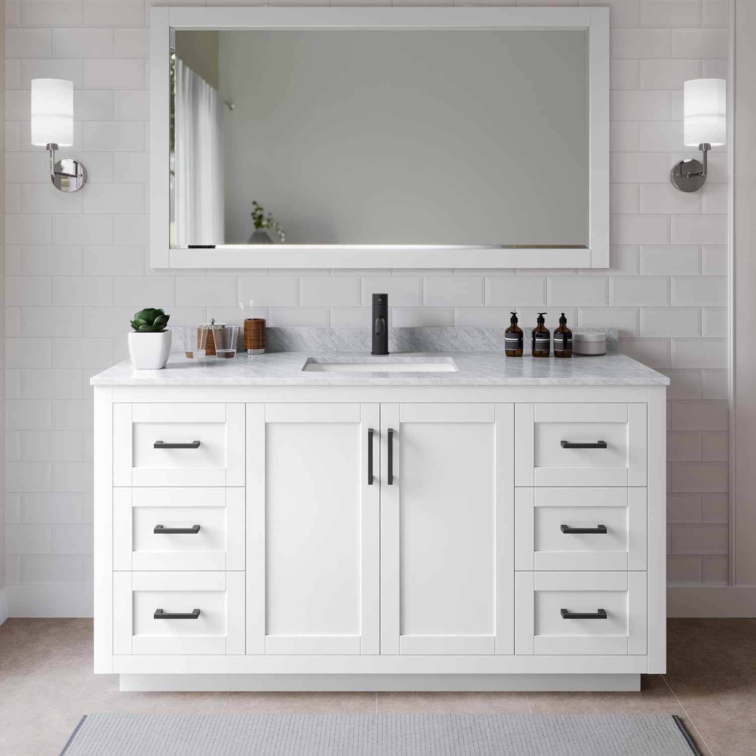Wyndham Collection Miranda 66 Inch Single Bathroom Vanity in White, White Carrara Marble Countertop, Undermount Square Sink, Matte Black Trim