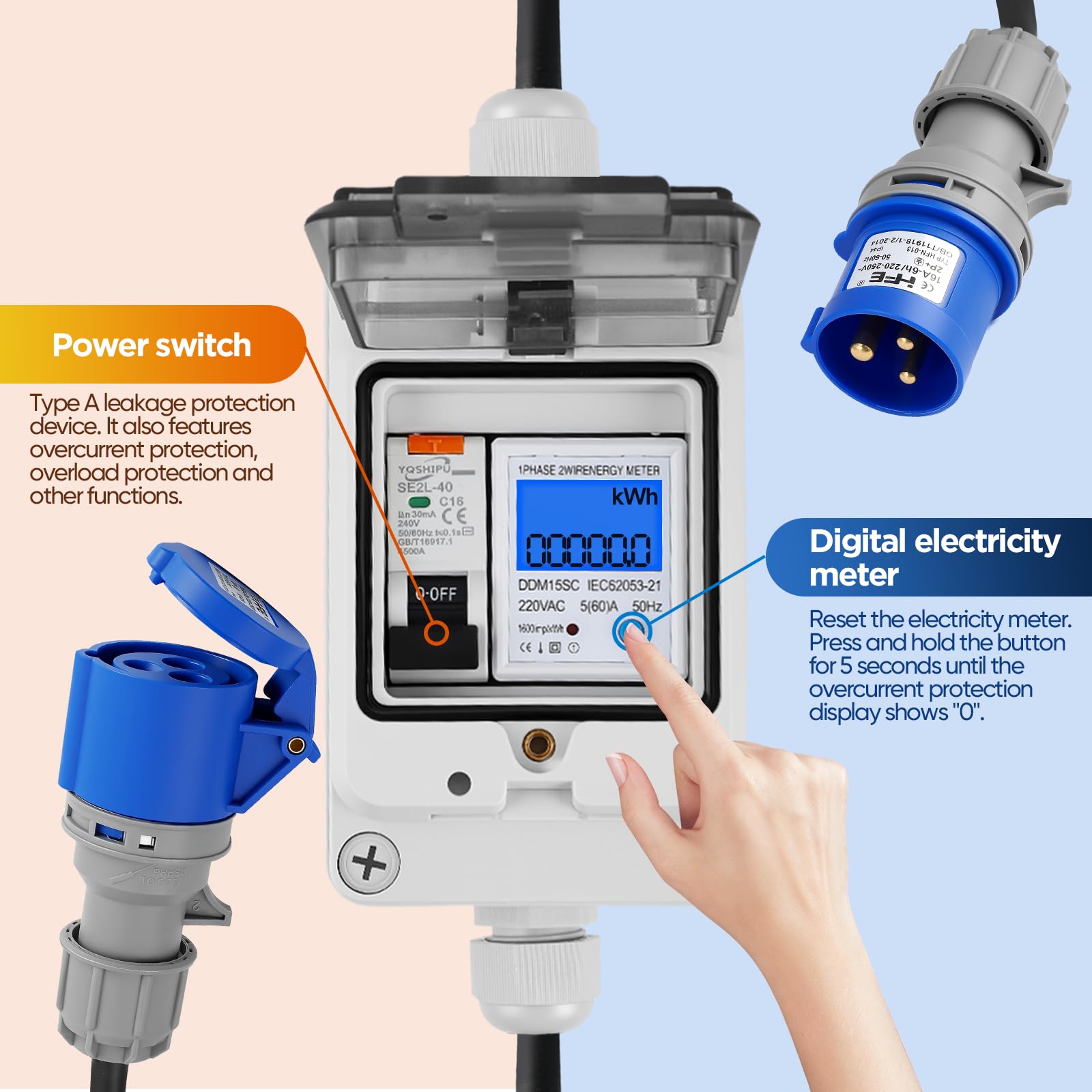 Medidor de Electricidad móvil Digital de 60A 230V con Enchufe CEE Schuko de 3 Clavijas, Medidor de Consumo de Energía Digital Resistente al Agua IP67, medidor de Corriente Digital móvil
