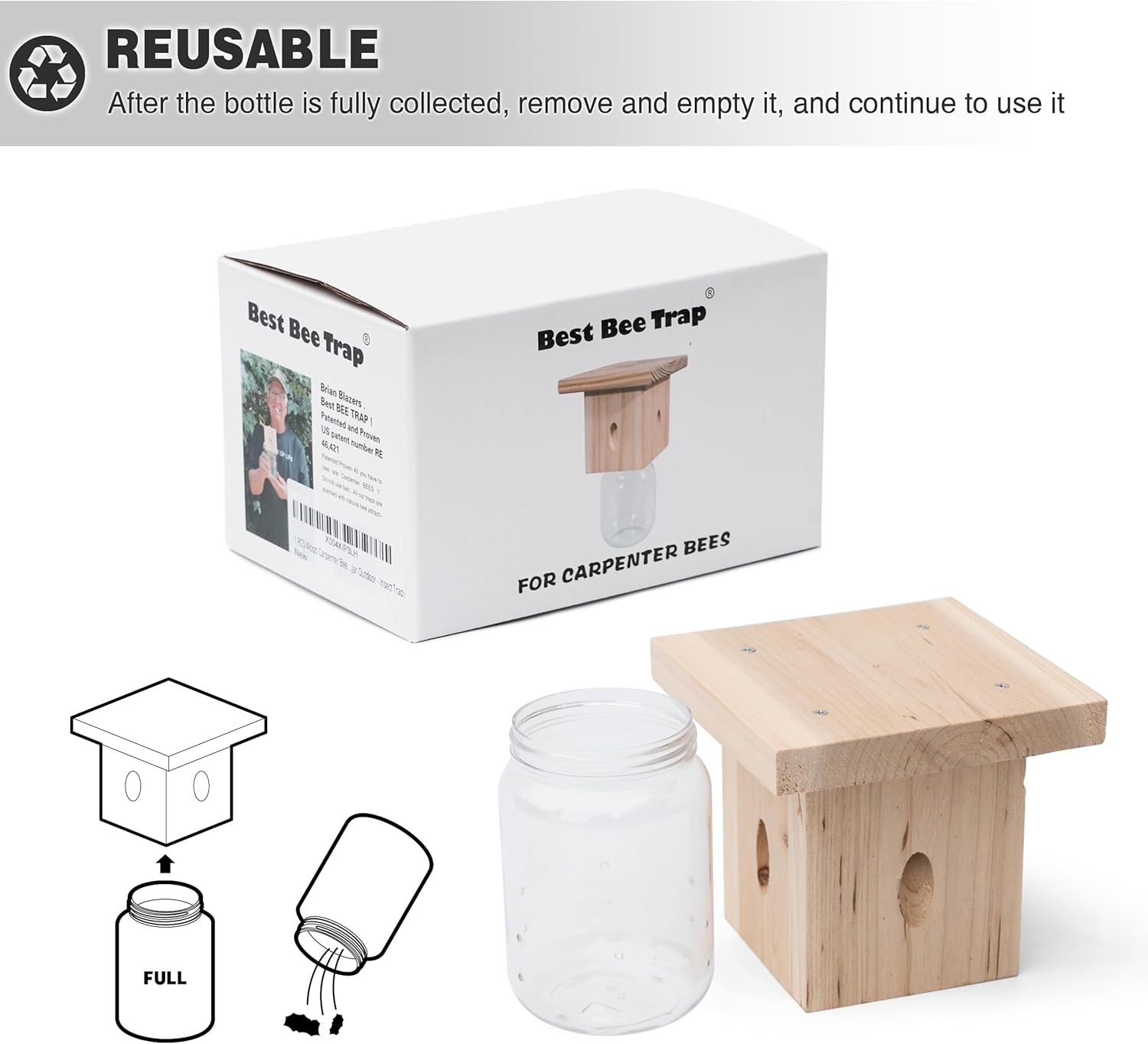 2 PCS Wood Carpenter Bee Trap for Outside - Best Bee Trap - Nature Hanging Carpenter Bee Traps Plastic Jar Outdoor - Insect Traps