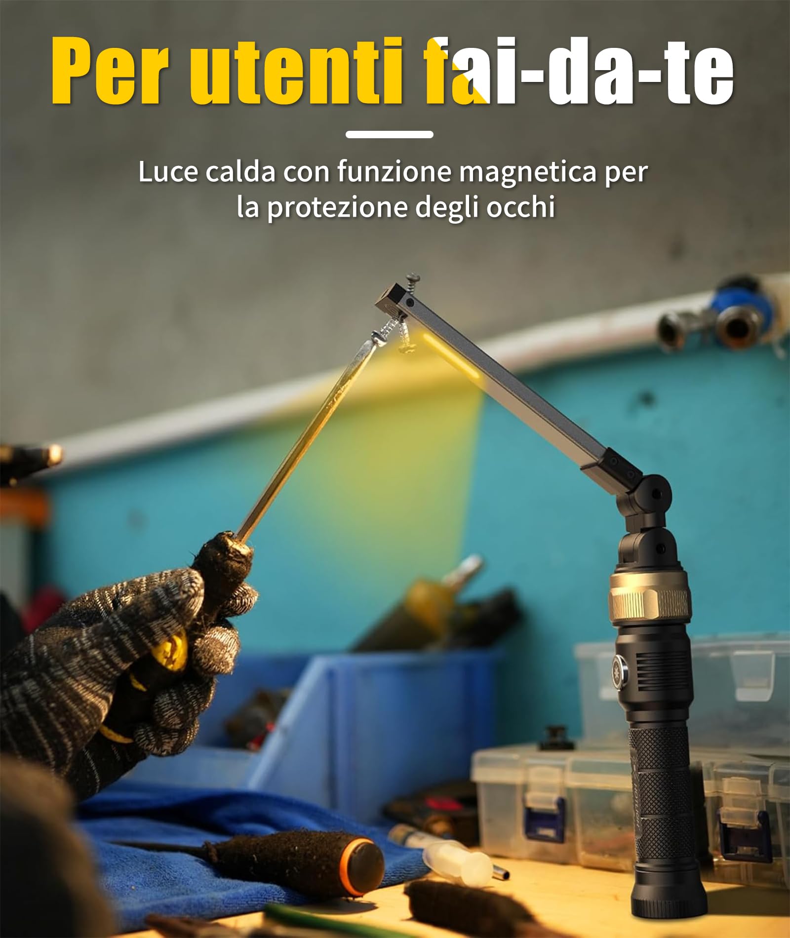 HOTLIGH Lampada LED Ricaricabile - 5000mAh Lampada Officina con design pieghevole ruotabile a 360°, 1200 lumen Torcia Ricaricabile, 3 modalità di illuminazione Torcia da Lavoro per riparazioni auto