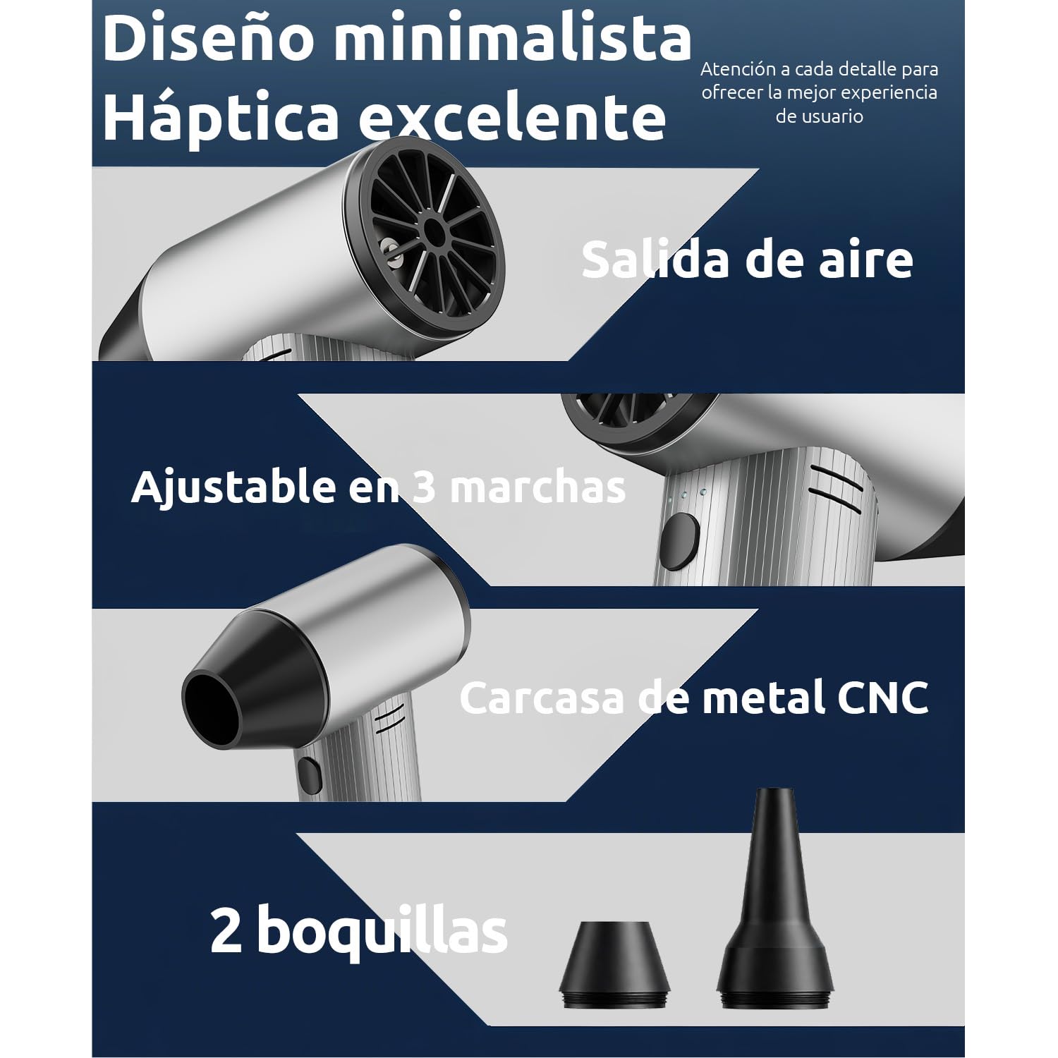 Soplador de Aire Comprimido de Metal, 270000 TR/Min de Pulverización de Aire Comprimido con 3 Velocidades ajustables, Aire Comprimido Limpieza PC, Soplador Batería para Coche, Hogar y Exterior - Plata