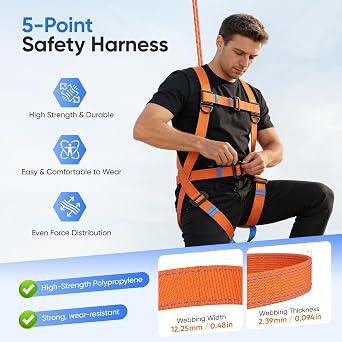 Safety Harness for Working at Height, Safety Harness with Lanyard, Full Body Fall Safety Arrest Protection Kit With 2 Hook and 2m Lanyard, Adjustable Waist Belt, Load-Bearing 100KG/220lb (Amber)