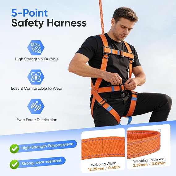 Safety Harness for Working at Height, Safety Harness with Lanyard, Full Body Fall Safety Arrest Protection Kit With 2 Hook and 2m Lanyard, Adjustable Waist Belt, Load-Bearing 100KG/220lb (Amber)