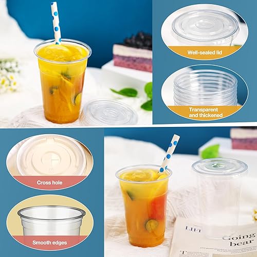 Miniatura 4 de Vasos de plástico transparente de 12 onzas con tapas planas, vasos de plástico desechables para bebidas frías, vasos de plástico desechables para