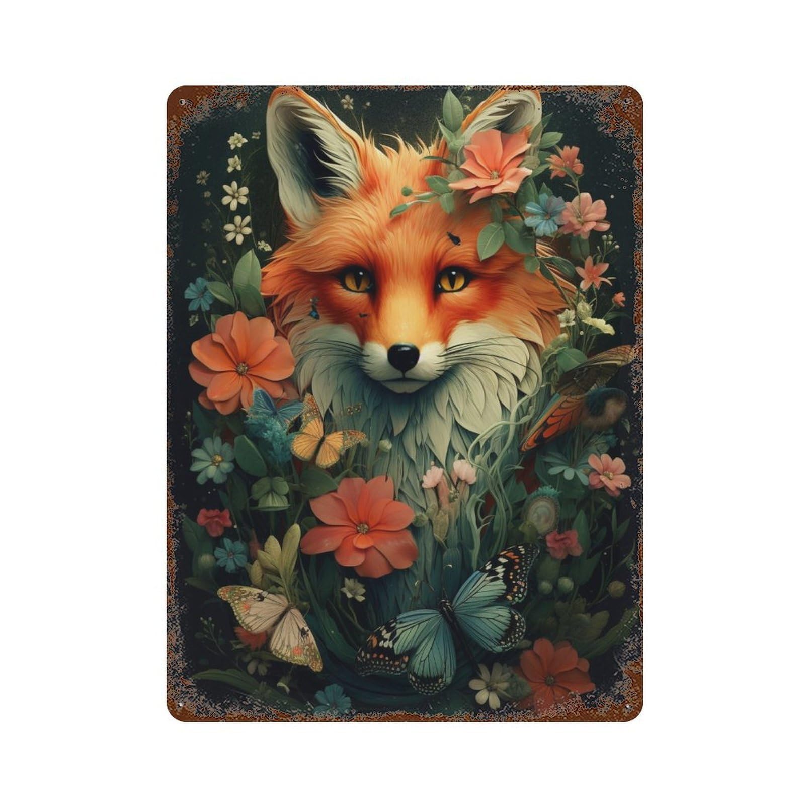 Weathered Tin Sign Fox with Flowers And Butterflies 15.7"x11.8", Novelty Wall Decor for Basement, Hobby Room And Garage Decor